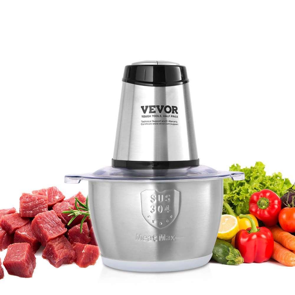 VEVOR Food Processor, Electric Meat Grinder with 4-Wing Stainless Steel Blades, 400W Electric Food Chopper, 8 Cup Stainless Steel Bowl, 2 Speeds Food Grinder for Baby Food, Meat, Onion, Vegetables 