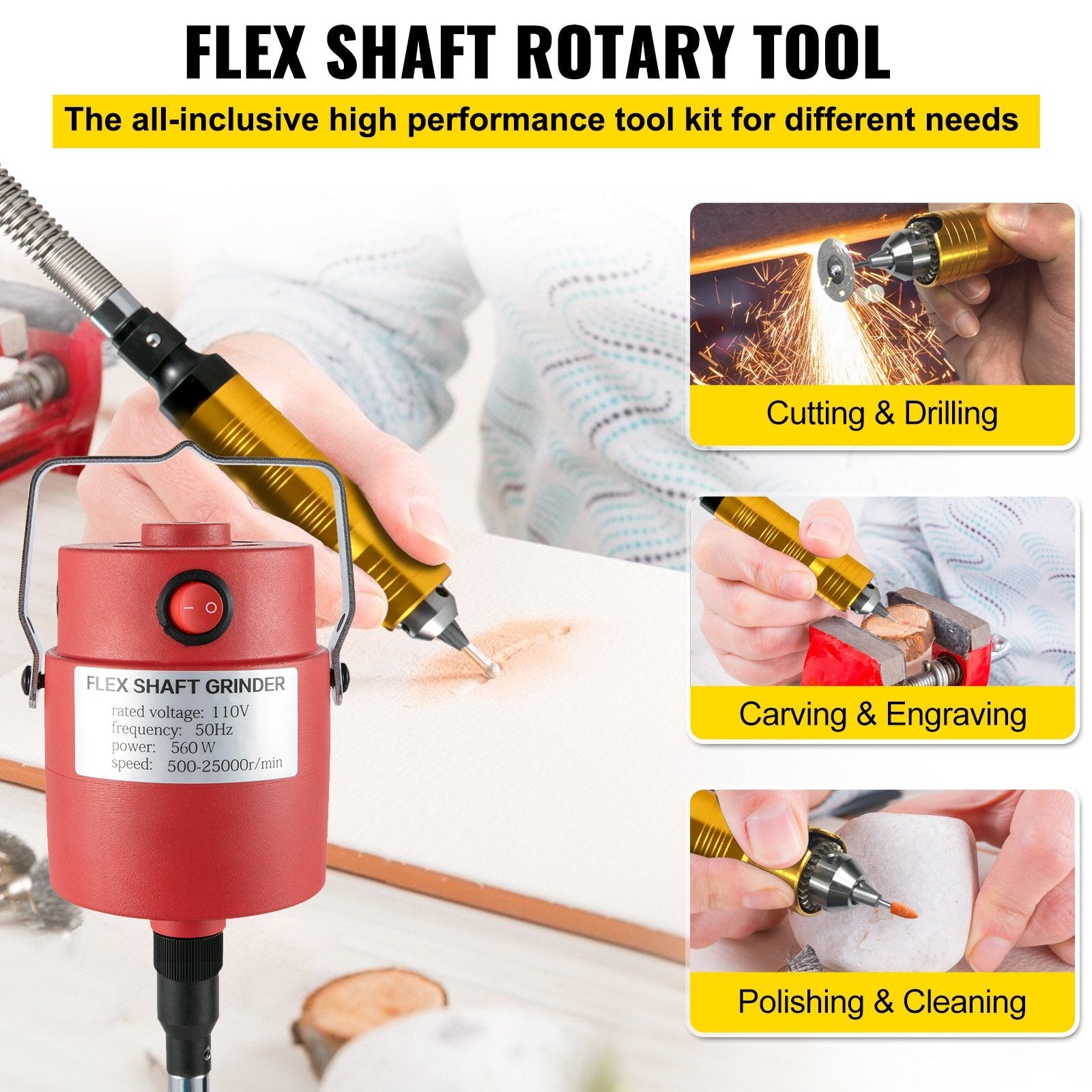 VEVOR Flex Shaft 560W Rotary Tool with 1/4" 3-Jaw Chuck & Stepless Speed Foot Pedal Rotary Carver 500-25000RPM  Hanging Grinding Machine 131PCS Accessories for Carving, Buffing,Drilling,Polishing 