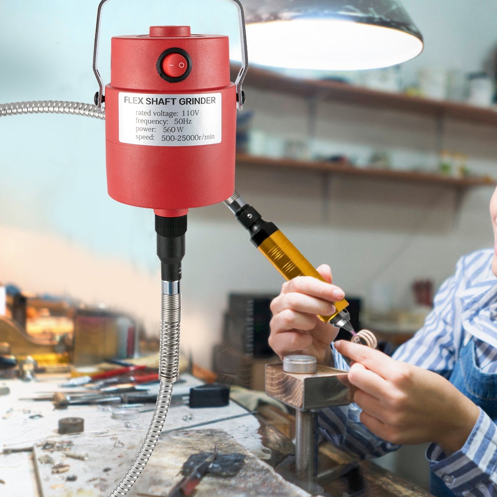 VEVOR Flex Shaft 560W Rotary Tool with 1/4" 3-Jaw Chuck & Stepless Speed Foot Pedal Rotary Carver 500-25000RPM  Hanging Grinding Machine 131PCS Accessories for Carving, Buffing,Drilling,Polishing 