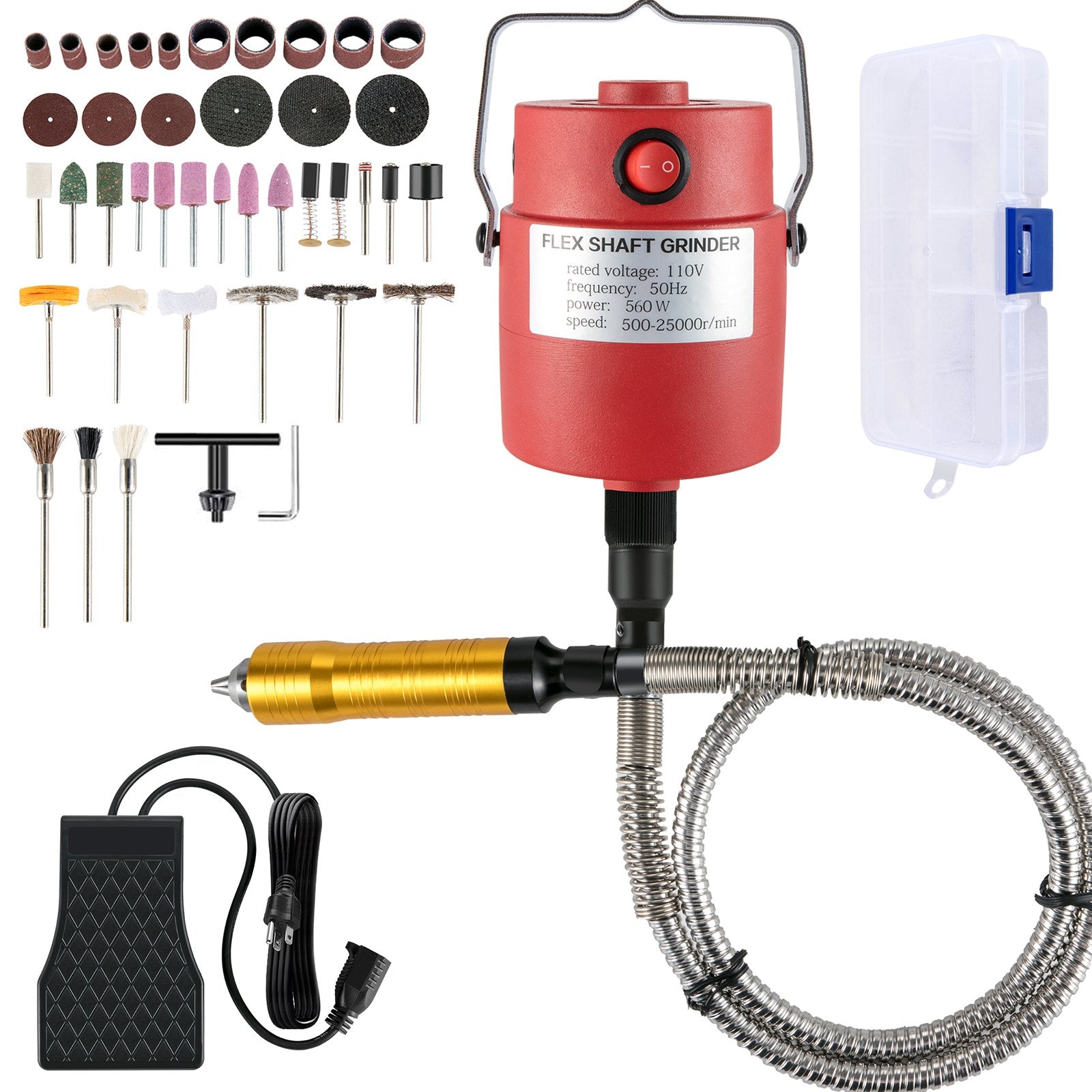 VEVOR Flex Shaft 560W Rotary Tool with 1/4" 3-Jaw Chuck & Stepless Speed Foot Pedal Rotary Carver 500-25000RPM  Hanging Grinding Machine 131PCS Accessories for Carving, Buffing,Drilling,Polishing 