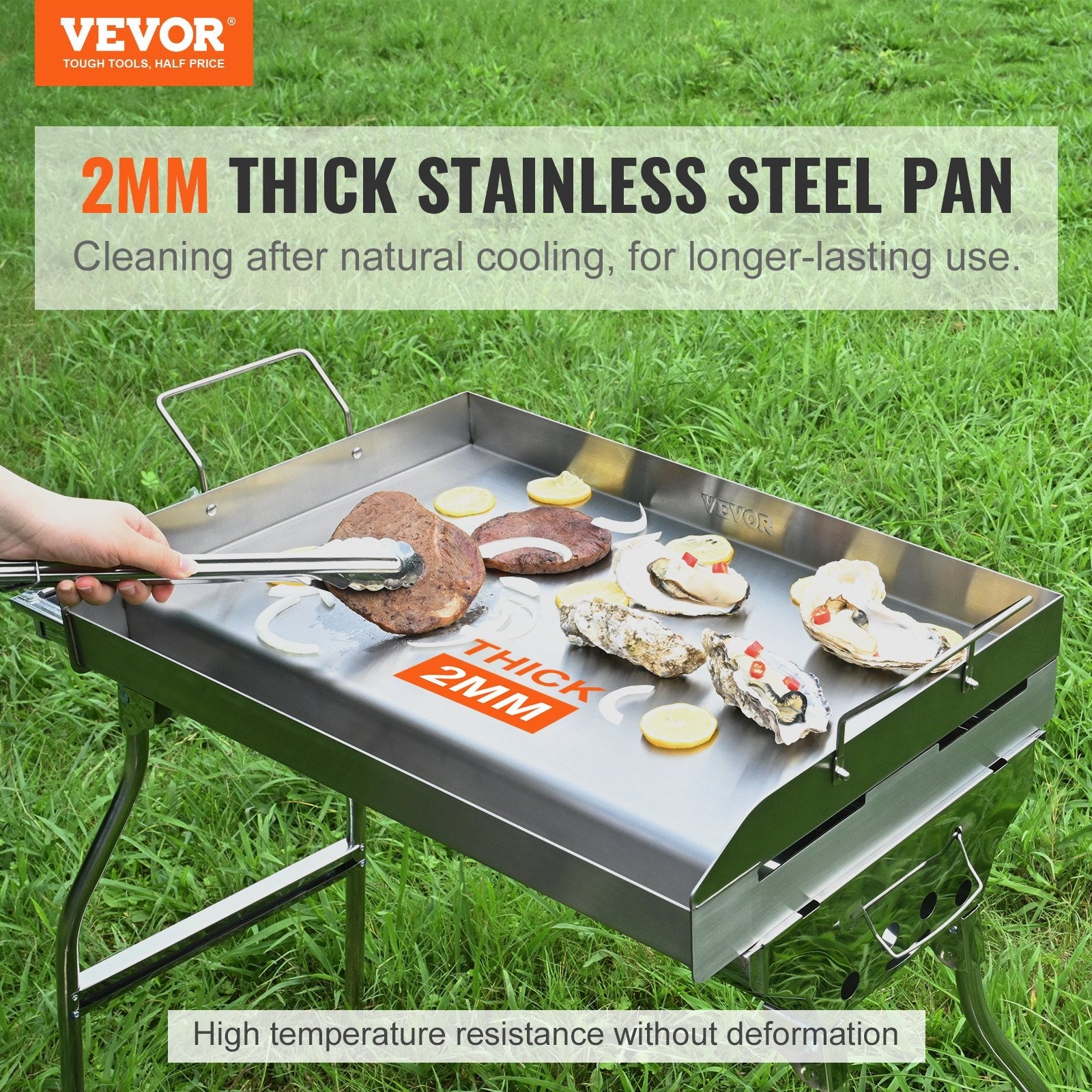 VEVOR Stove Top Griddle, 23.5"x16" Pre-Seasoned Stainless Steel Griddle, Rectangular Double Burner Griddle Pan, Non-Stick Family Pan Cookware with Handles and Oil Groove, for BBQ, Gas Grills, Silver 