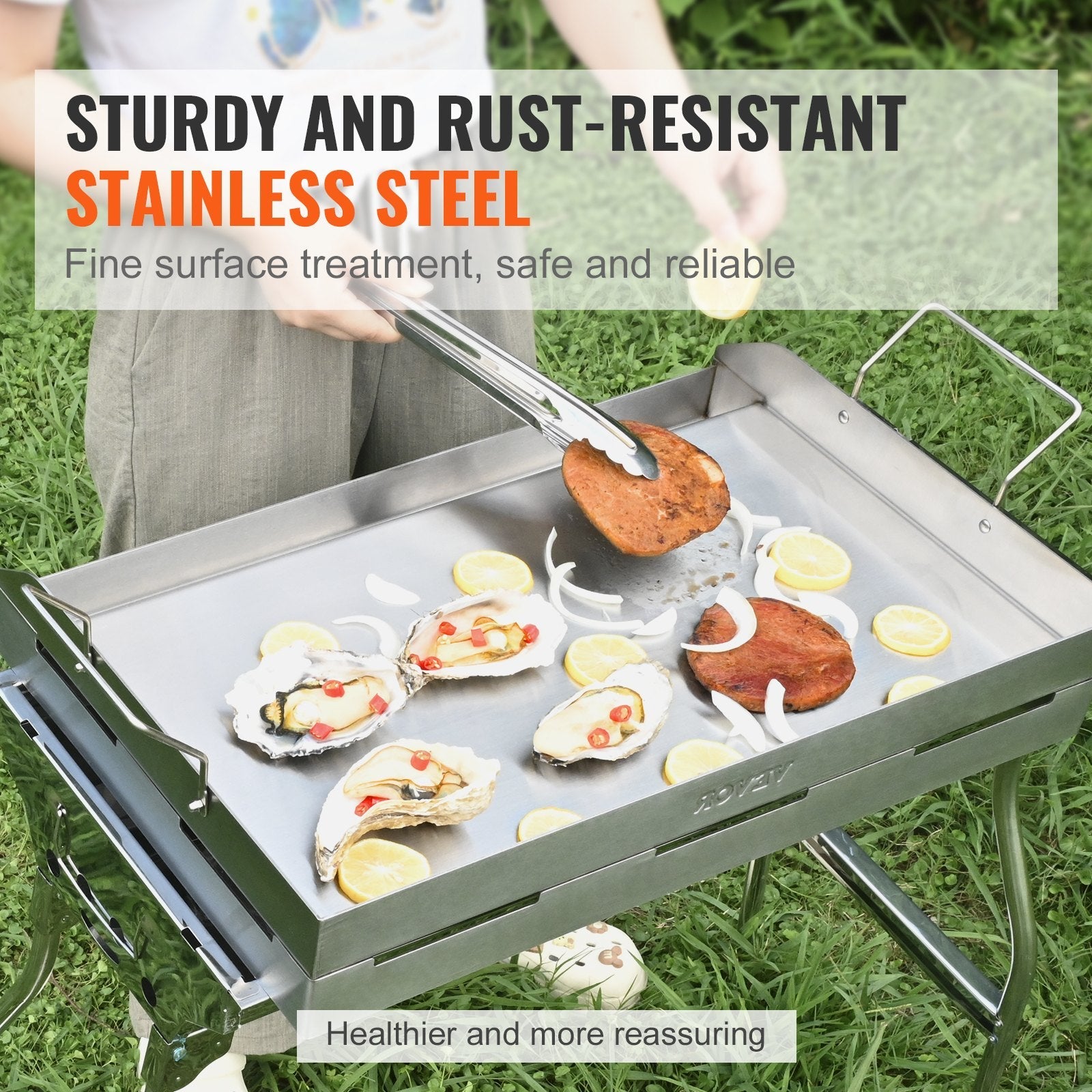 VEVOR Stove Top Griddle, 23.5"x16" Pre-Seasoned Stainless Steel Griddle, Rectangular Double Burner Griddle Pan, Non-Stick Family Pan Cookware with Handles and Oil Groove, for BBQ, Gas Grills, Silver 