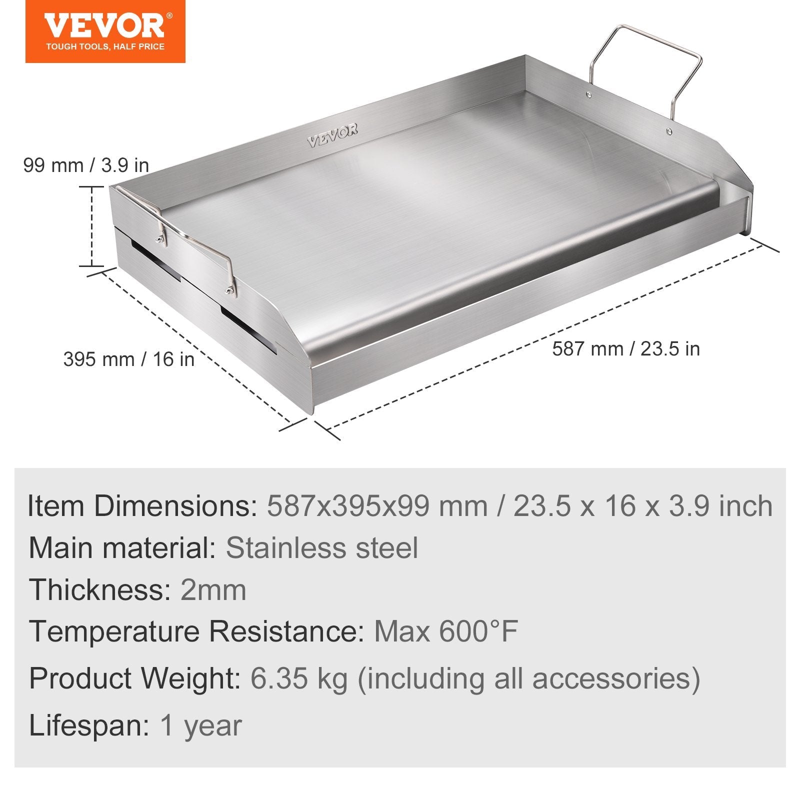 VEVOR Stove Top Griddle, 23.5"x16" Pre-Seasoned Stainless Steel Griddle, Rectangular Double Burner Griddle Pan, Non-Stick Family Pan Cookware with Handles and Oil Groove, for BBQ, Gas Grills, Silver 