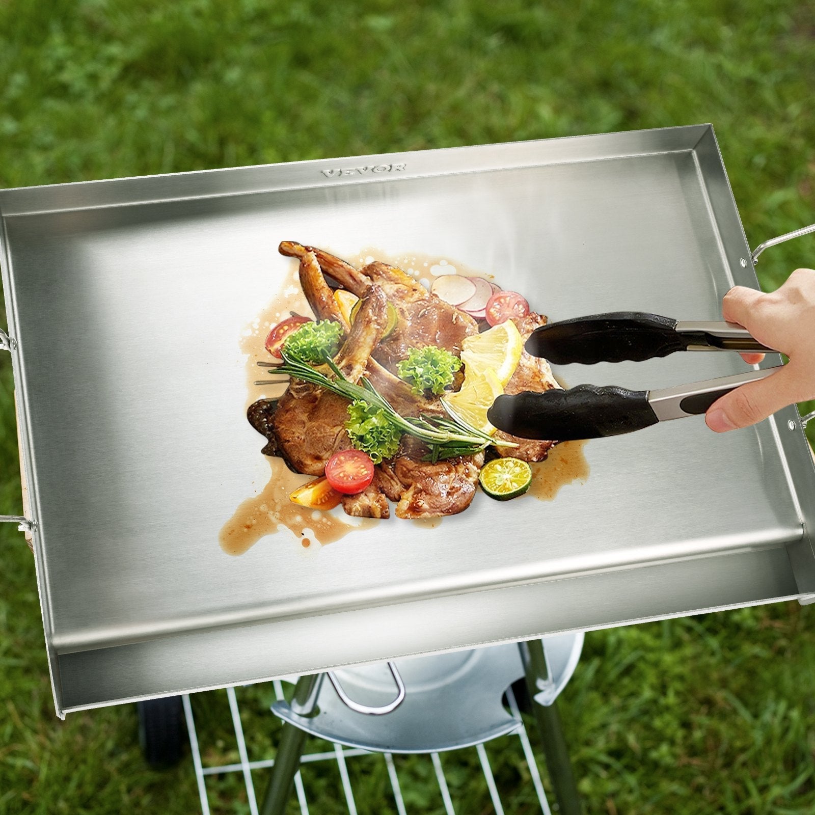 VEVOR Stove Top Griddle, 23.5"x16" Pre-Seasoned Stainless Steel Griddle, Rectangular Double Burner Griddle Pan, Non-Stick Family Pan Cookware with Handles and Oil Groove, for BBQ, Gas Grills, Silver 