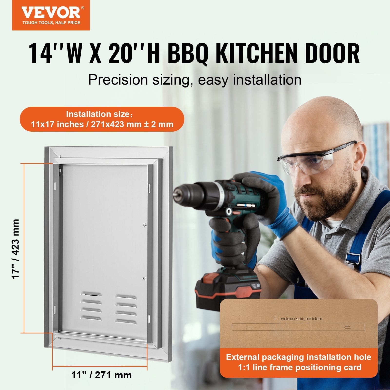 VEVOR BBQ Access Door, 14W x 20H Inch Single Outdoor Kitchen Door, Stainless Steel Flush Mount Door, Wall Vertical Door with Handle and vents, for BBQ Island, Grilling Station, Outside Cabinet 
