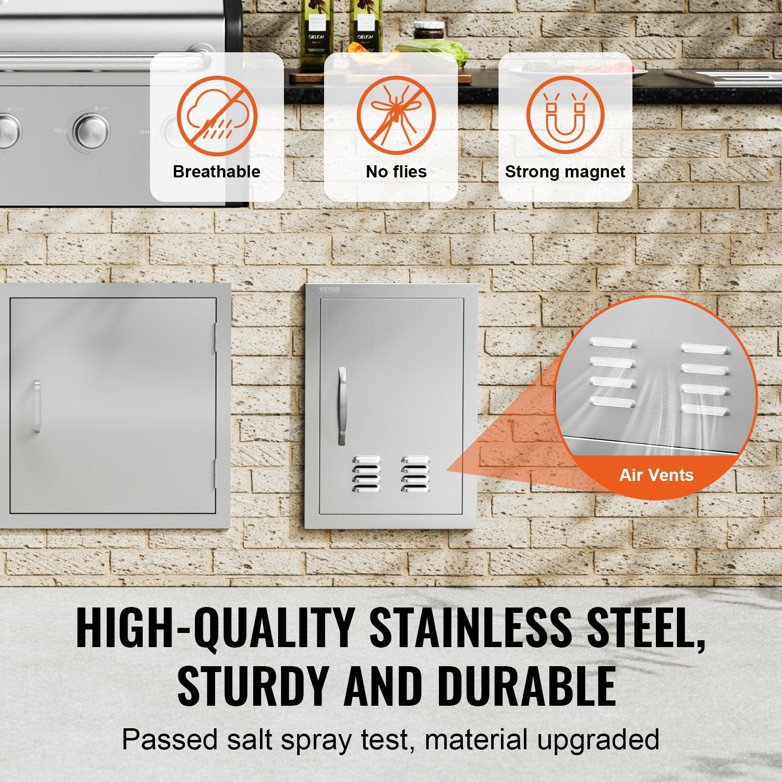VEVOR BBQ Access Door, 14W x 20H Inch Single Outdoor Kitchen Door, Stainless Steel Flush Mount Door, Wall Vertical Door with Handle and vents, for BBQ Island, Grilling Station, Outside Cabinet 