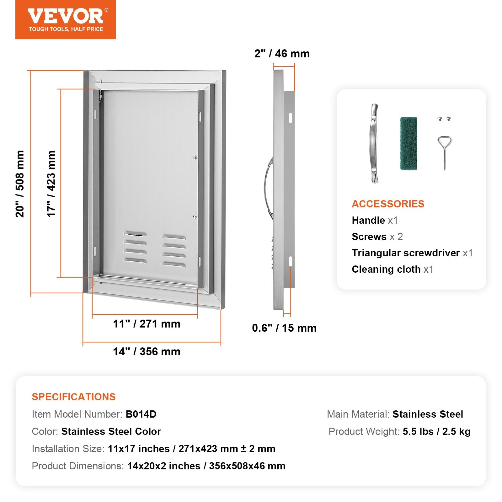 VEVOR BBQ Access Door, 14W x 20H Inch Single Outdoor Kitchen Door, Stainless Steel Flush Mount Door, Wall Vertical Door with Handle and vents, for BBQ Island, Grilling Station, Outside Cabinet 