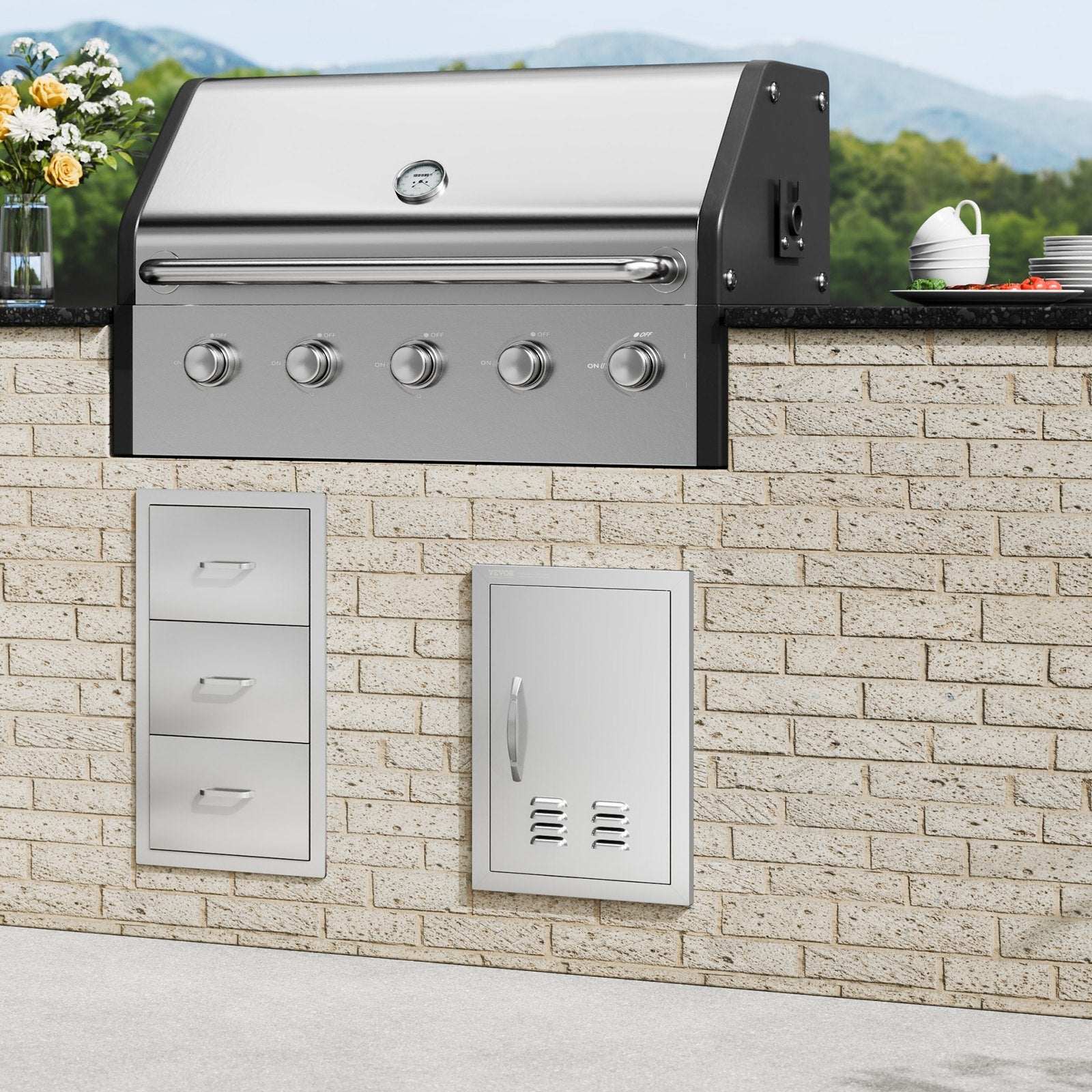 VEVOR BBQ Access Door, 14W x 20H Inch Single Outdoor Kitchen Door, Stainless Steel Flush Mount Door, Wall Vertical Door with Handle and vents, for BBQ Island, Grilling Station, Outside Cabinet 