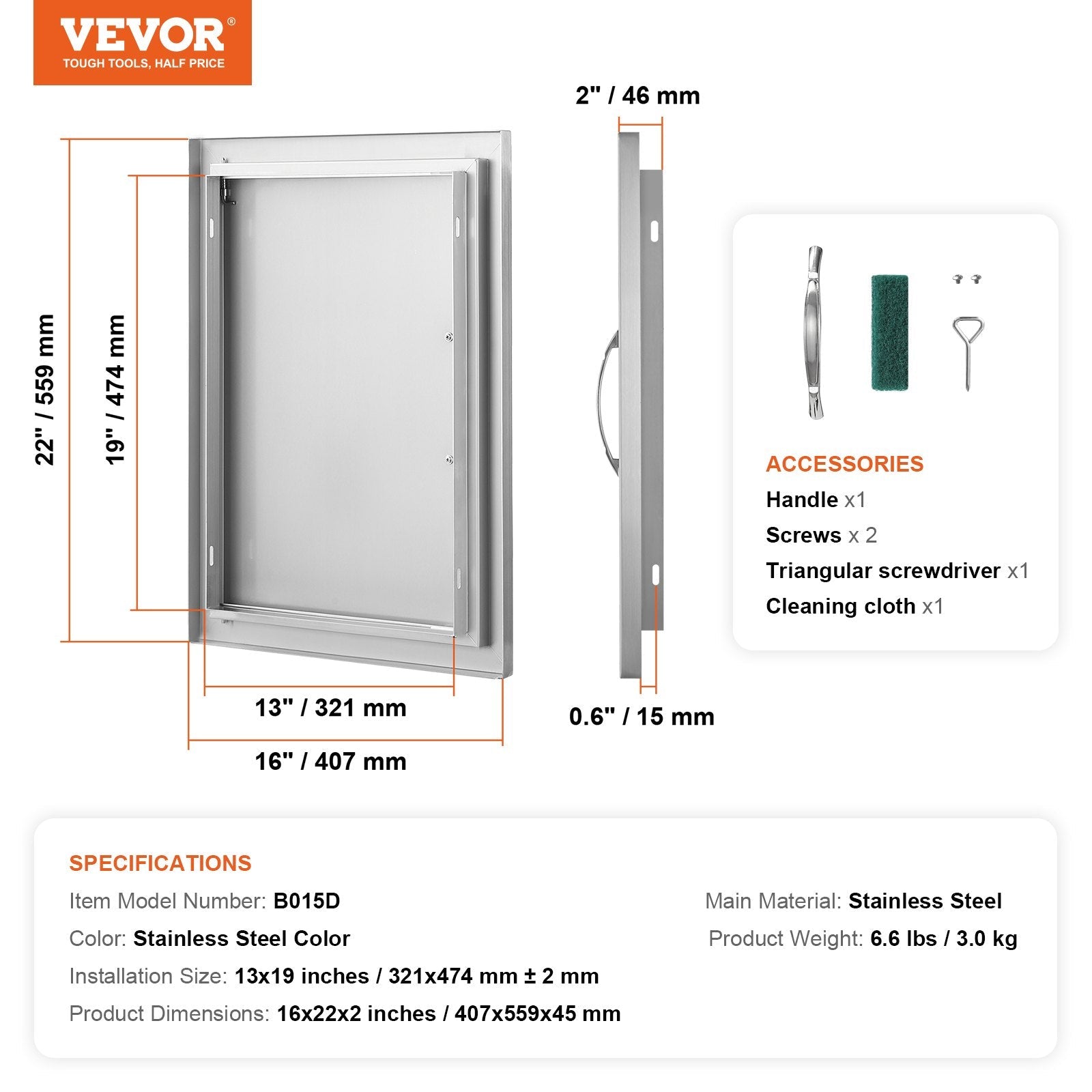 VEVOR BBQ Access Door, 16W x 22H Inch Single Outdoor Kitchen Door, Stainless Steel Flush Mount Door, Wall Vertical Door with Handle, for BBQ Island, Grilling Station, Outside Cabinet 