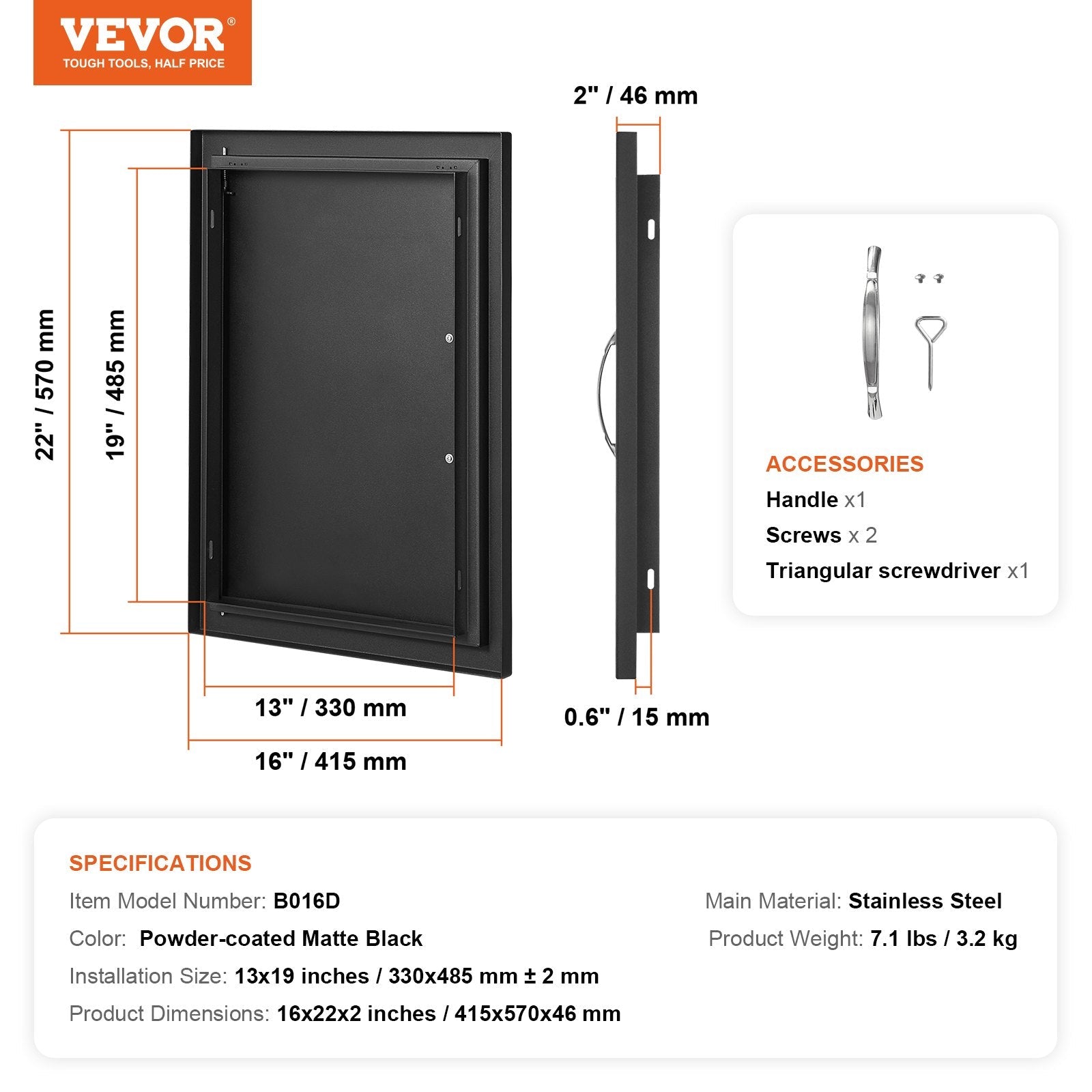 VEVOR BBQ Access Door, 16W x 22H Inch Single Outdoor Kitchen Door, Cold Plate Flush Mount Door, Wall Vertical Door with Handle, for BBQ Island, Grilling Station, Outside Cabinet 