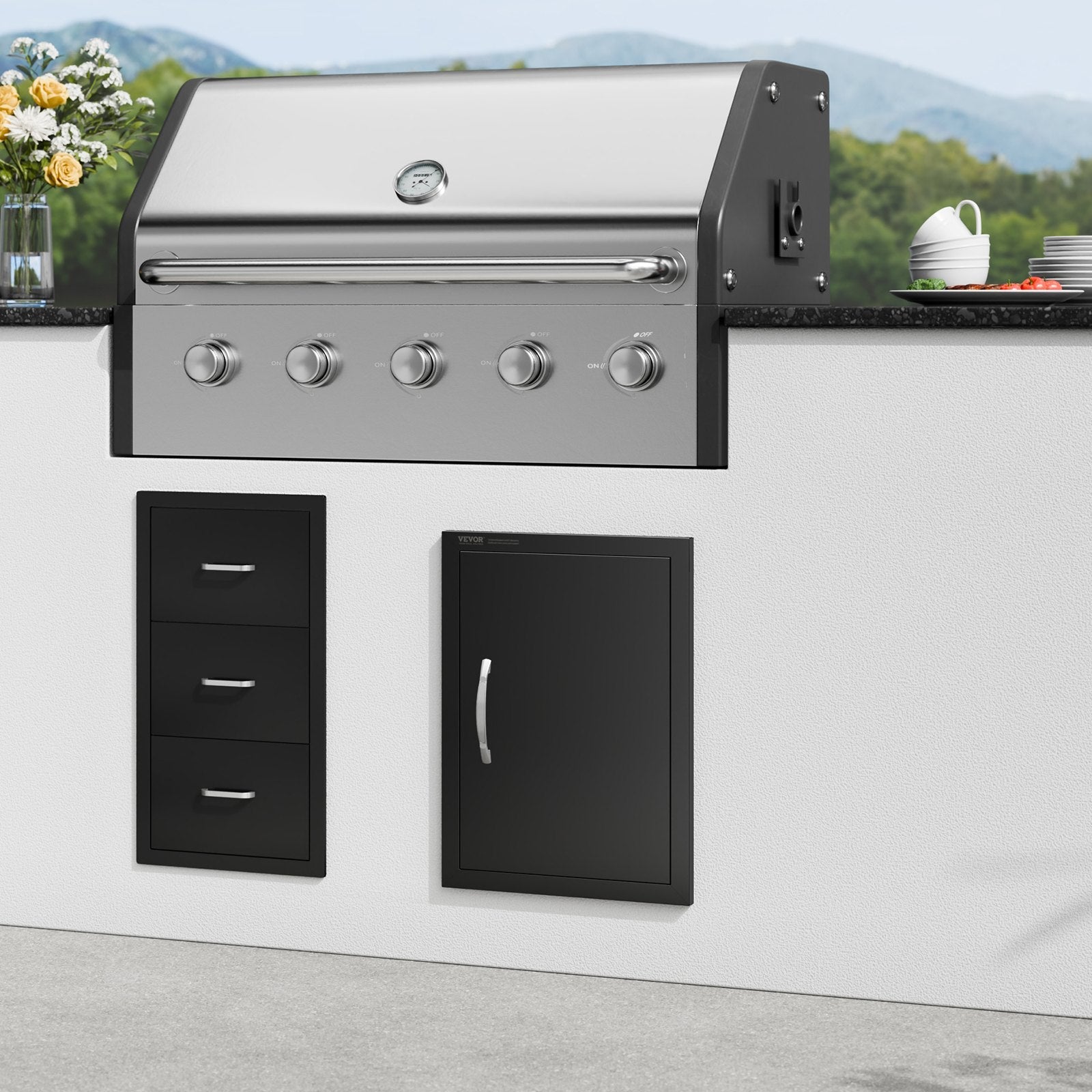 VEVOR BBQ Access Door, 16W x 22H Inch Single Outdoor Kitchen Door, Cold Plate Flush Mount Door, Wall Vertical Door with Handle, for BBQ Island, Grilling Station, Outside Cabinet 