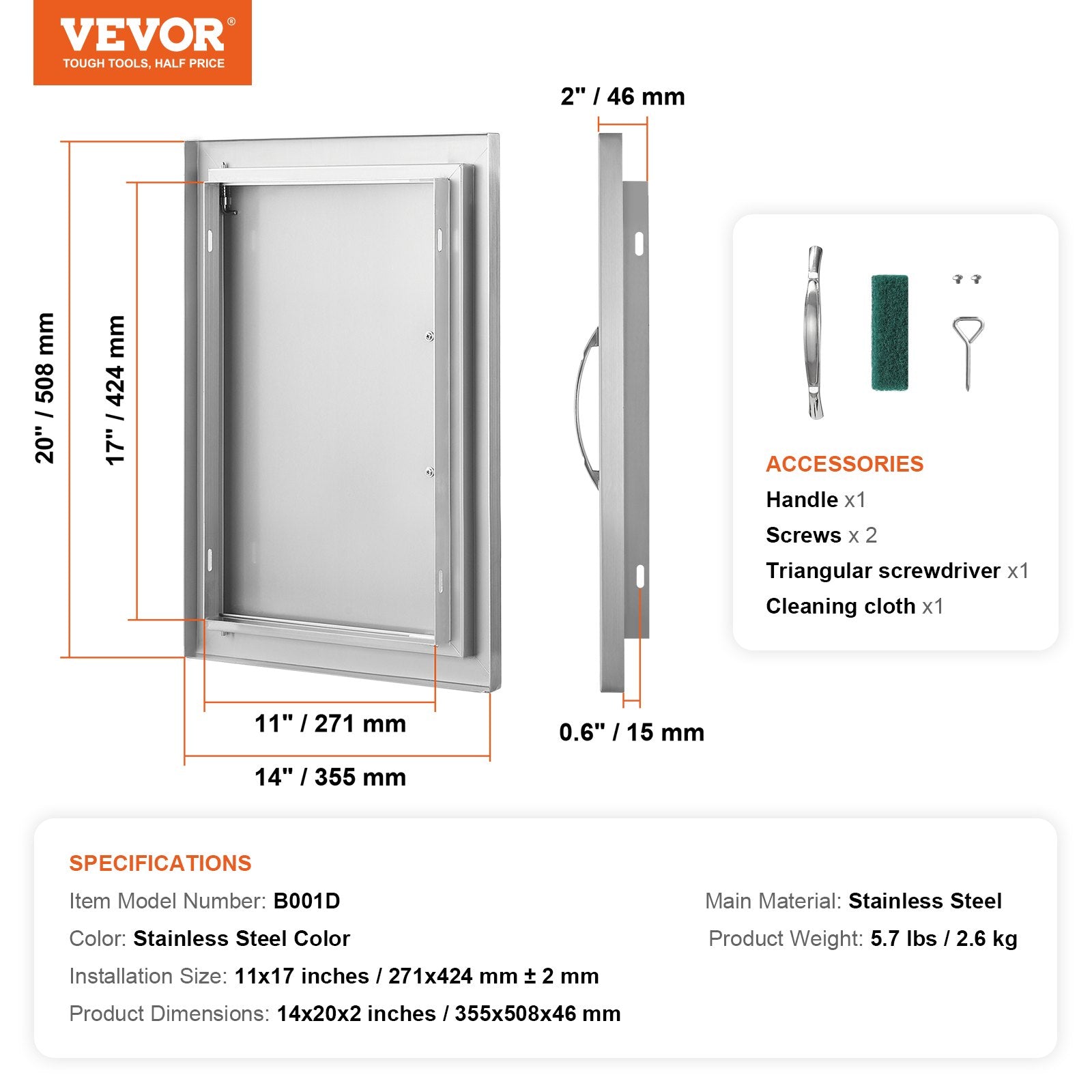 VEVOR BBQ Access Door, 14W x 20H Inch Single Outdoor Kitchen Door, Stainless Steel Flush Mount Door, Wall Vertical Door with Handle, for BBQ Island, Grilling Station, Outside Cabinet 