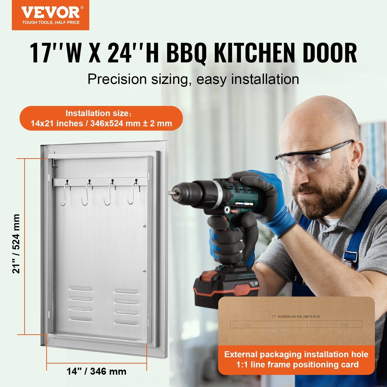 VEVOR BBQ Access Door, 17W x 24H Inch Single Outdoor Kitchen Door, Stainless Steel Flush Mount Door, Wall Vertical Door with Handle, Vents and Hook, for BBQ Island, Grilling Station, Outside Cabinet 