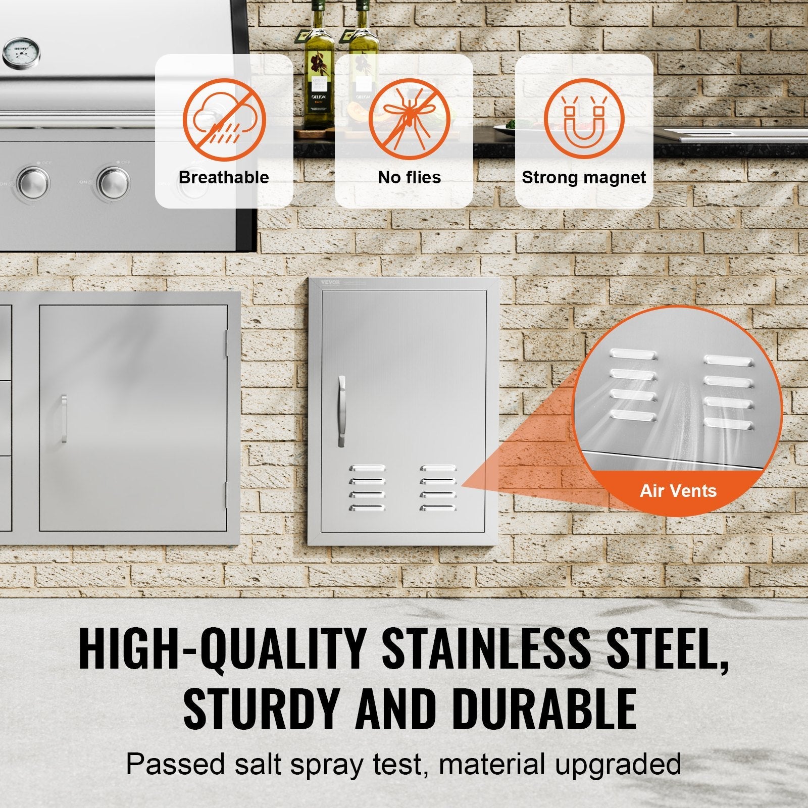 VEVOR BBQ Access Door, 17W x 24H Inch Single Outdoor Kitchen Door, Stainless Steel Flush Mount Door, Wall Vertical Door with Handle, Vents and Hook, for BBQ Island, Grilling Station, Outside Cabinet 