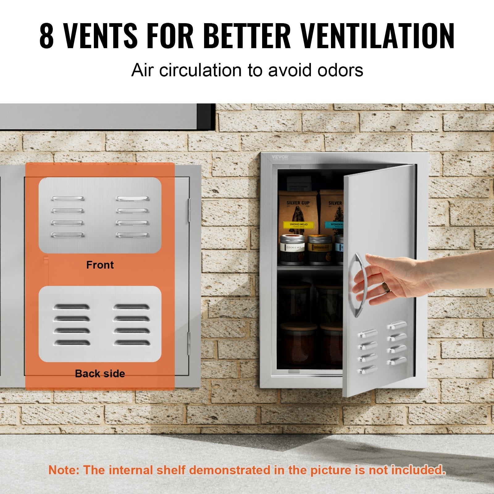 VEVOR BBQ Access Door, 17W x 24H Inch Single Outdoor Kitchen Door, Stainless Steel Flush Mount Door, Wall Vertical Door with Handle, Vents and Hook, for BBQ Island, Grilling Station, Outside Cabinet 