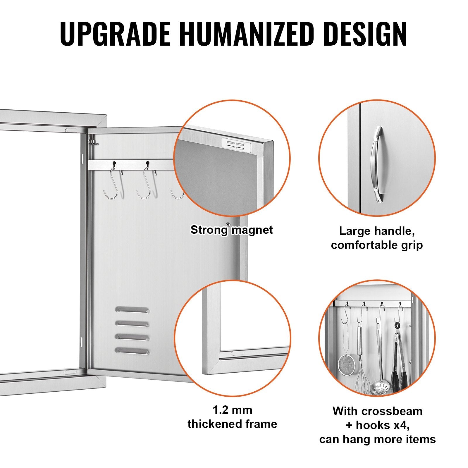 VEVOR BBQ Access Door, 17W x 24H Inch Single Outdoor Kitchen Door, Stainless Steel Flush Mount Door, Wall Vertical Door with Handle, Vents and Hook, for BBQ Island, Grilling Station, Outside Cabinet 
