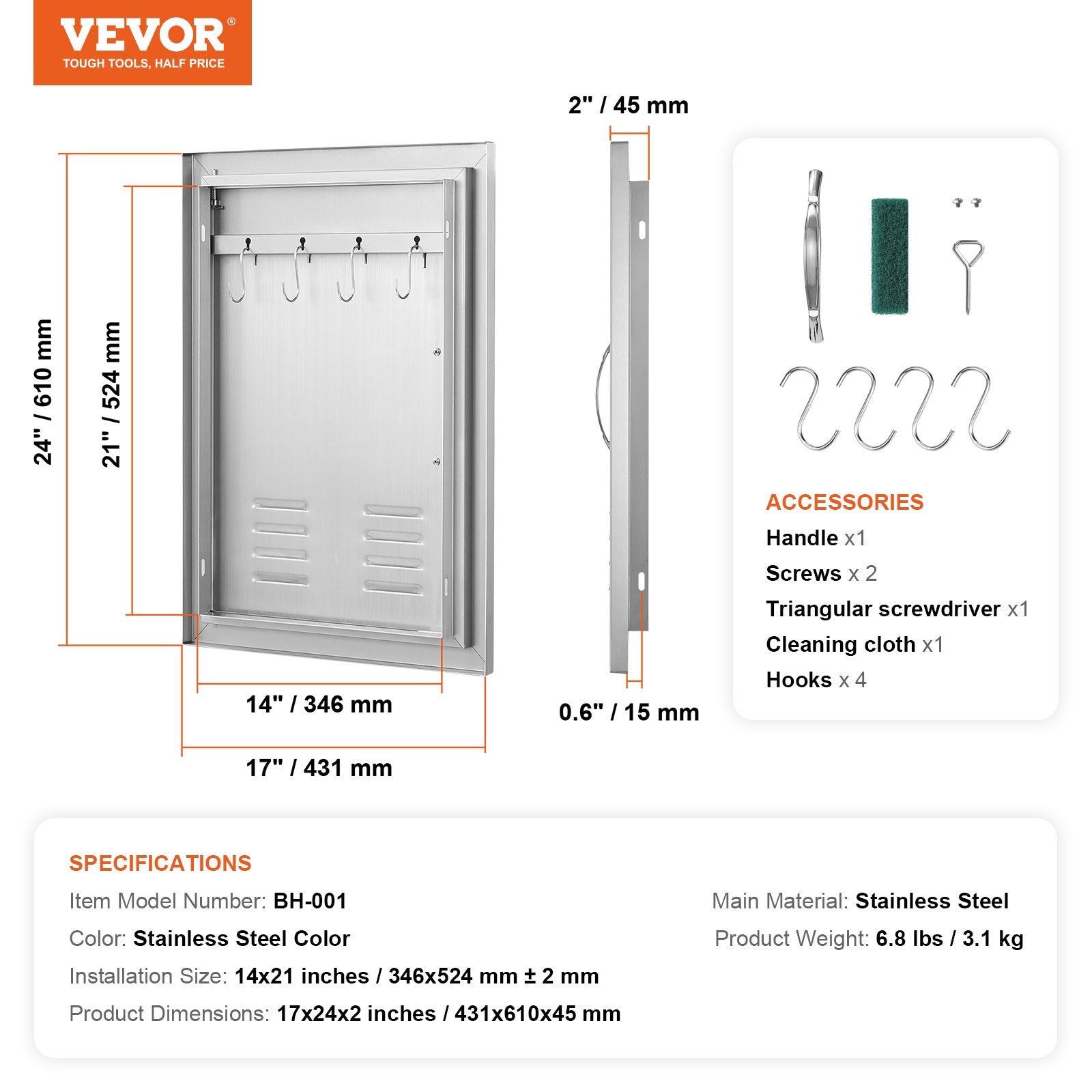VEVOR BBQ Access Door, 17W x 24H Inch Single Outdoor Kitchen Door, Stainless Steel Flush Mount Door, Wall Vertical Door with Handle, Vents and Hook, for BBQ Island, Grilling Station, Outside Cabinet 