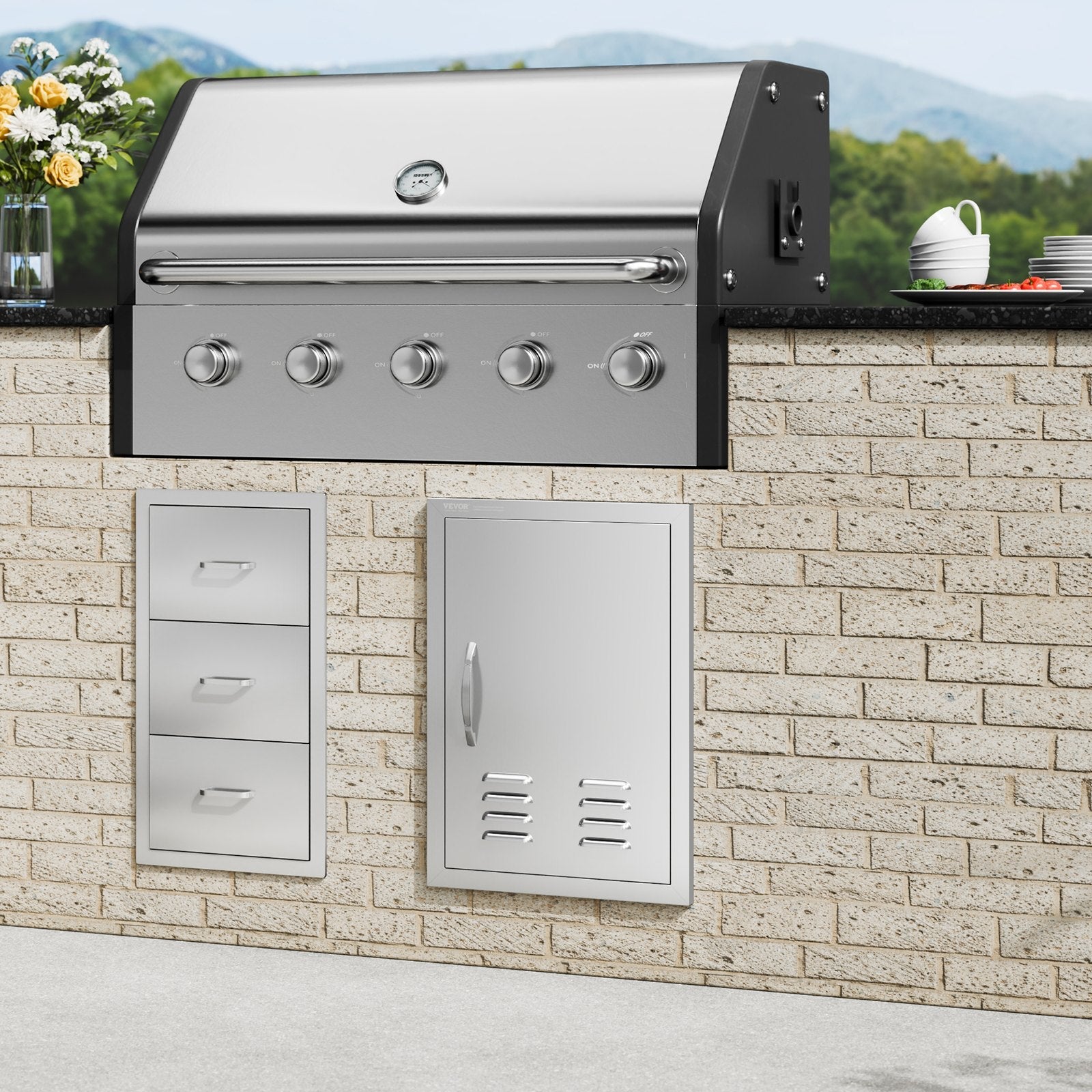 VEVOR BBQ Access Door, 17W x 24H Inch Single Outdoor Kitchen Door, Stainless Steel Flush Mount Door, Wall Vertical Door with Handle, Vents and Hook, for BBQ Island, Grilling Station, Outside Cabinet 