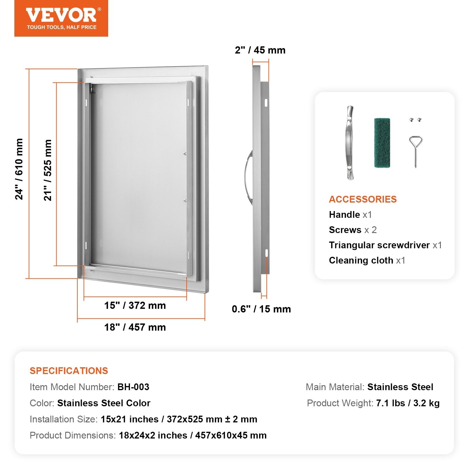 VEVOR BBQ Access Door, 18W x 24H Inch Single Outdoor Kitchen Door, Stainless Steel Flush Mount Door, Wall Vertical Door with Handle, for BBQ Island, Grilling Station, Outside Cabinet 