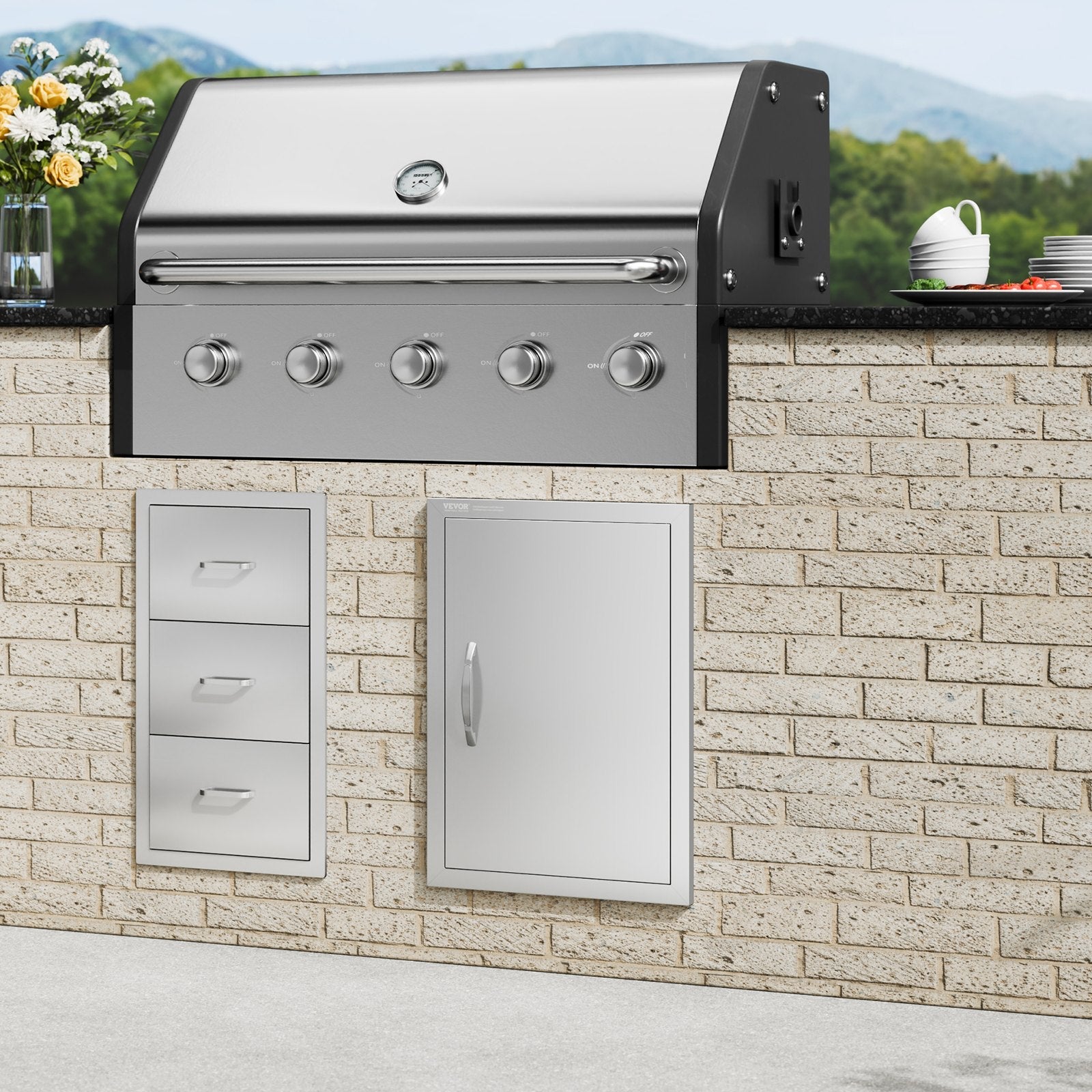 VEVOR BBQ Access Door, 18W x 24H Inch Single Outdoor Kitchen Door, Stainless Steel Flush Mount Door, Wall Vertical Door with Handle, for BBQ Island, Grilling Station, Outside Cabinet 