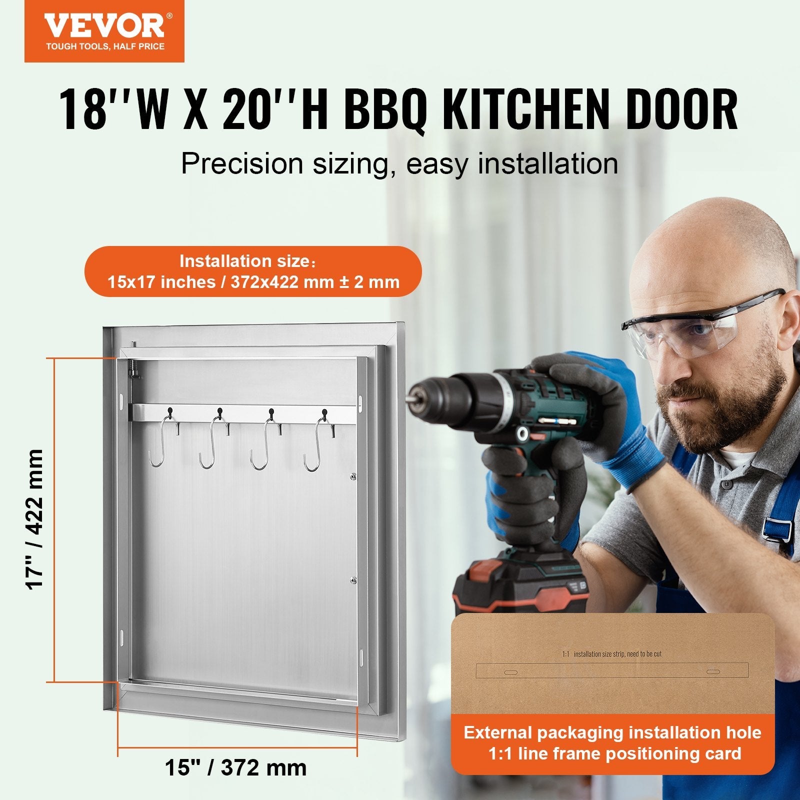VEVOR BBQ Access Door, 18W x 20H Inch Single Outdoor Kitchen Door, Stainless Steel Flush Mount Door, Wall Vertical Door with Handle and Hook, for BBQ Island, Grilling Station, Outside Cabinet 