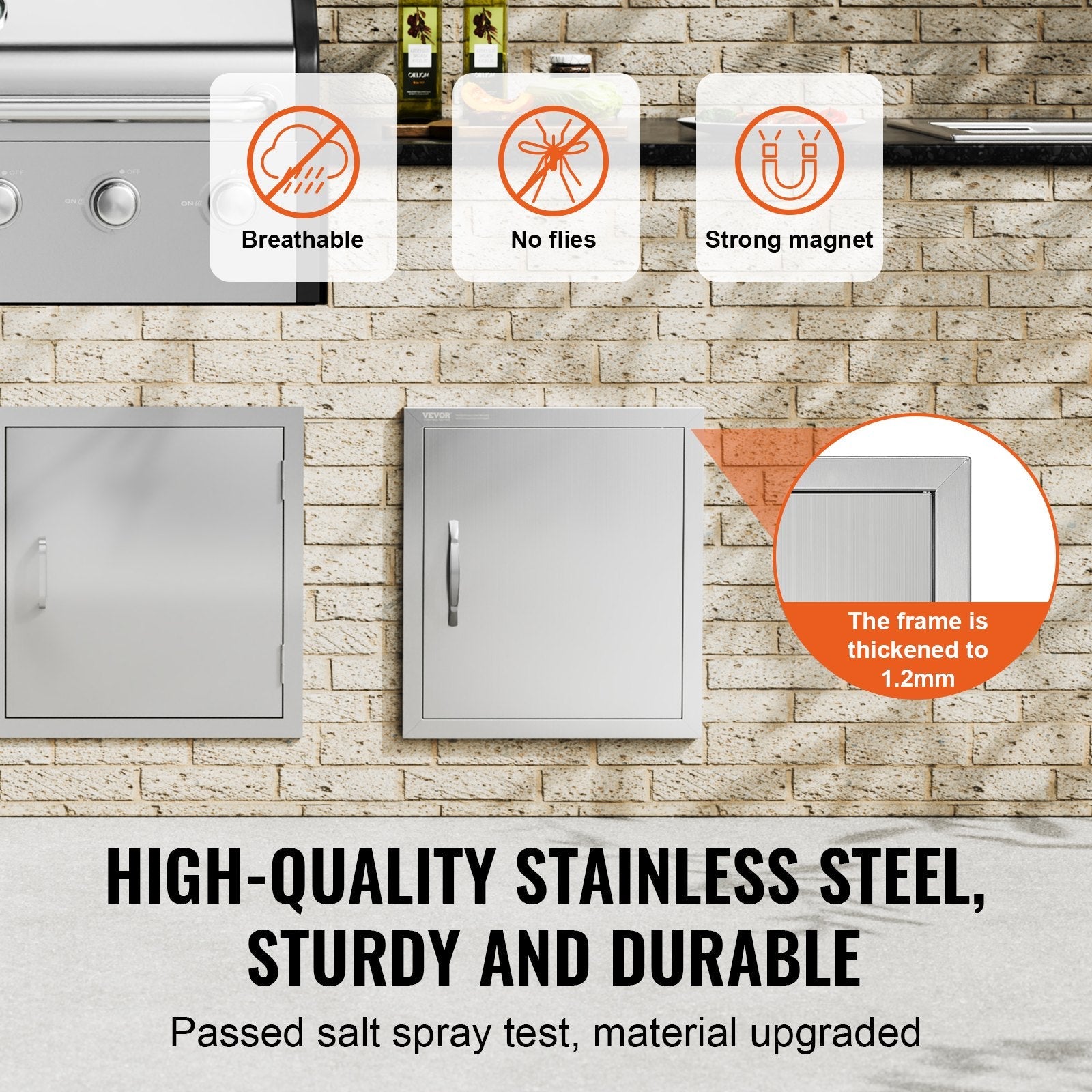 VEVOR BBQ Access Door, 18W x 20H Inch Single Outdoor Kitchen Door, Stainless Steel Flush Mount Door, Wall Vertical Door with Handle and Hook, for BBQ Island, Grilling Station, Outside Cabinet 