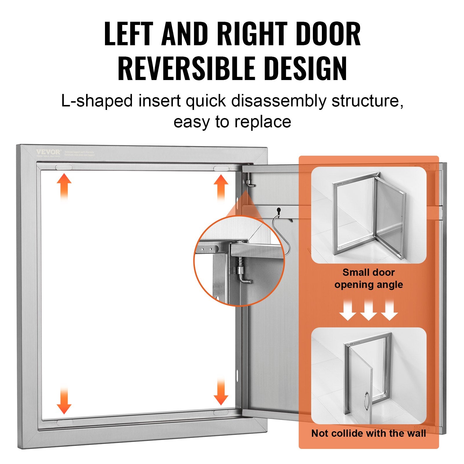 VEVOR BBQ Access Door, 18W x 20H Inch Single Outdoor Kitchen Door, Stainless Steel Flush Mount Door, Wall Vertical Door with Handle and Hook, for BBQ Island, Grilling Station, Outside Cabinet 