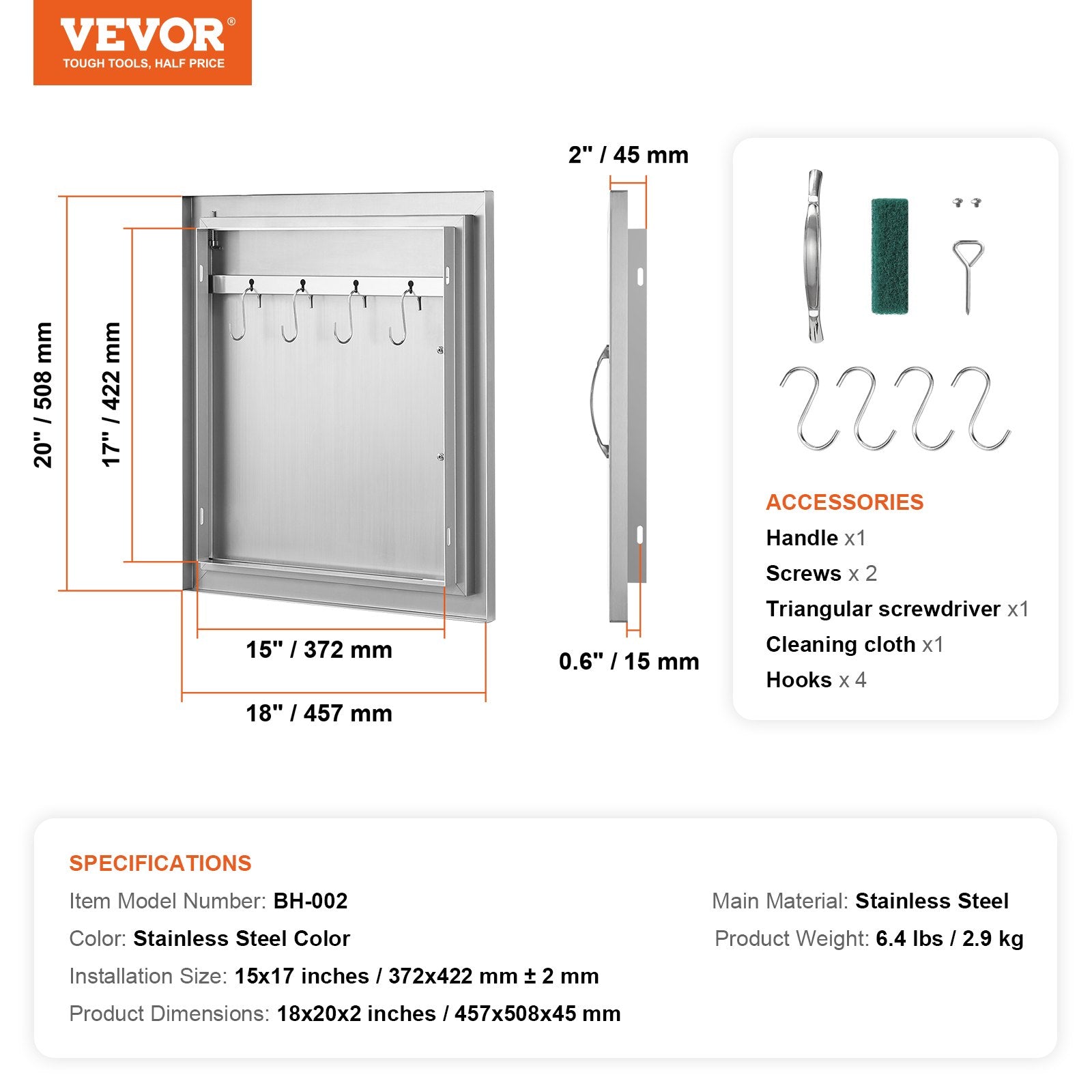 VEVOR BBQ Access Door, 18W x 20H Inch Single Outdoor Kitchen Door, Stainless Steel Flush Mount Door, Wall Vertical Door with Handle and Hook, for BBQ Island, Grilling Station, Outside Cabinet 