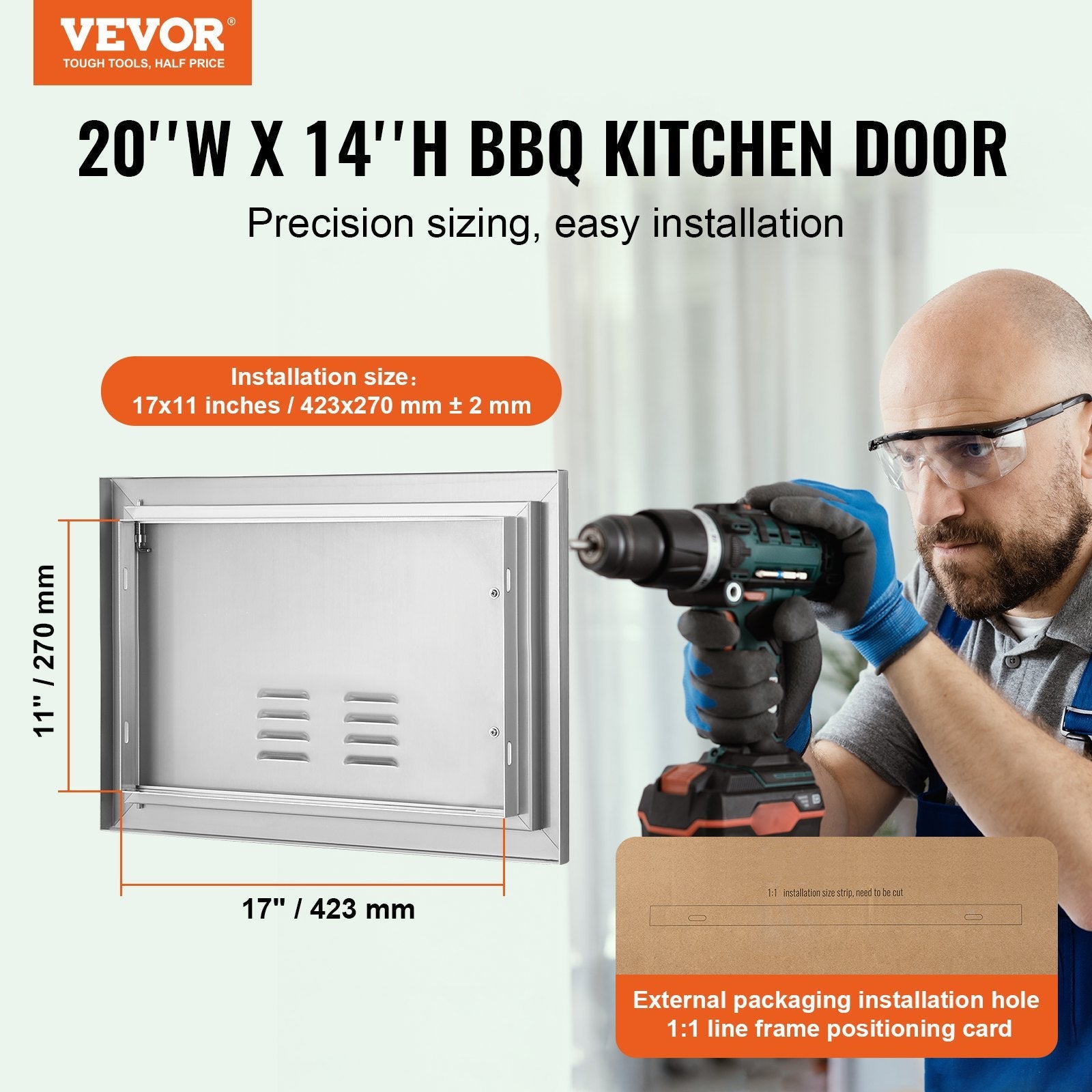 VEVOR BBQ Access Door, 20W x 14H Inch Single Outdoor Kitchen Door, Stainless Steel Flush Mount Door, Wall Vertical Door with Handle and vents, for BBQ Island, Grilling Station, Outside Cabinet 