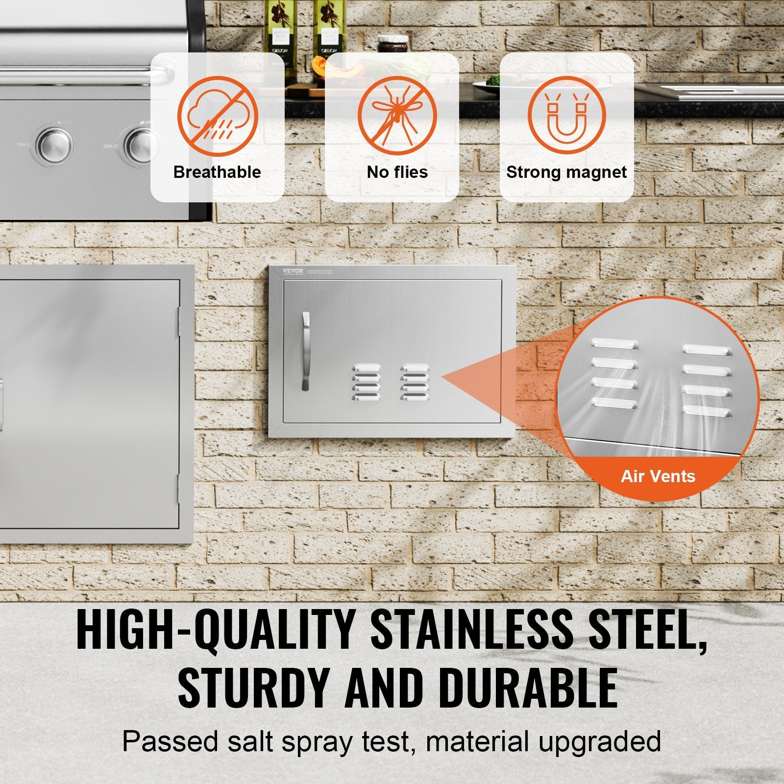 VEVOR BBQ Access Door, 20W x 14H Inch Single Outdoor Kitchen Door, Stainless Steel Flush Mount Door, Wall Vertical Door with Handle and vents, for BBQ Island, Grilling Station, Outside Cabinet 