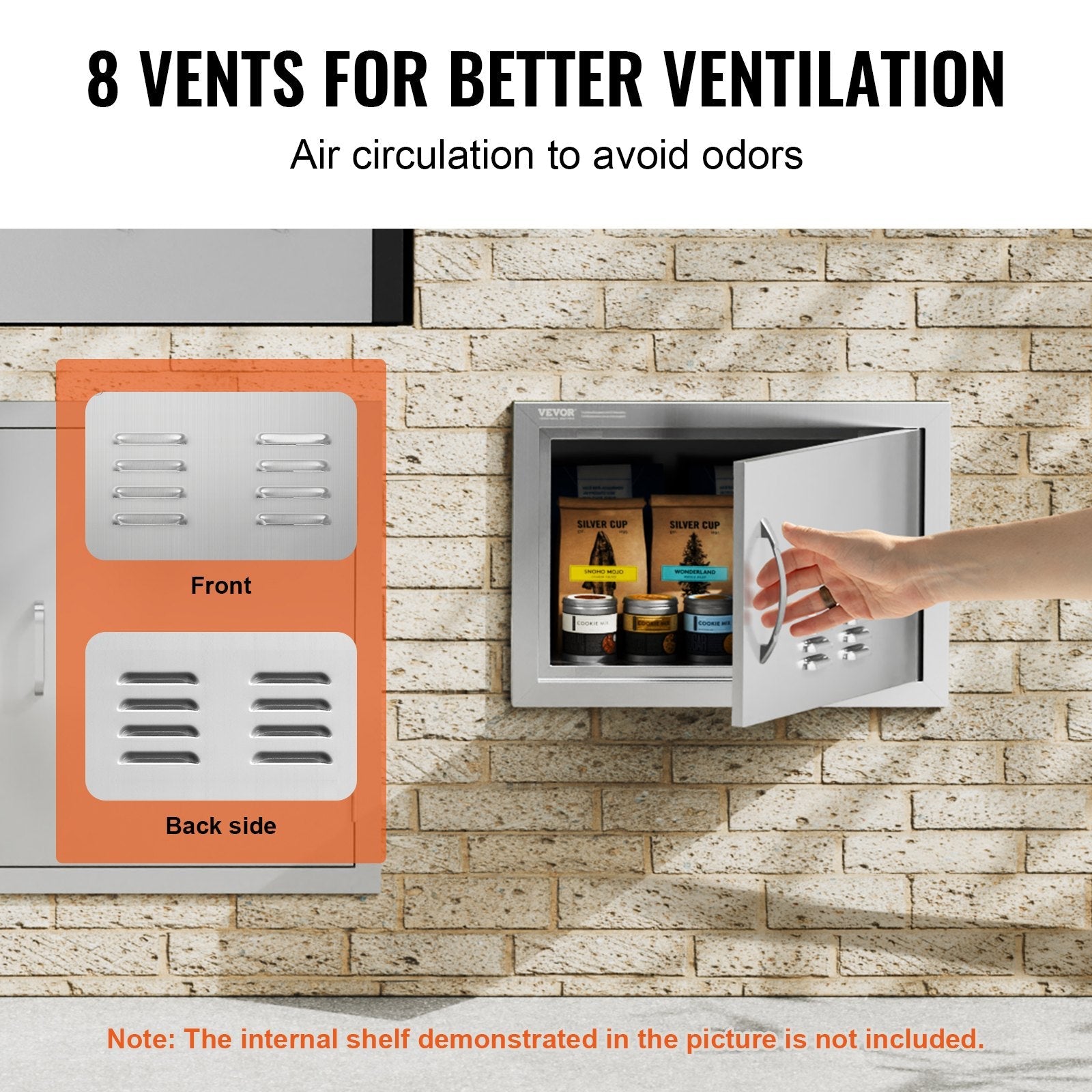 VEVOR BBQ Access Door, 20W x 14H Inch Single Outdoor Kitchen Door, Stainless Steel Flush Mount Door, Wall Vertical Door with Handle and vents, for BBQ Island, Grilling Station, Outside Cabinet 