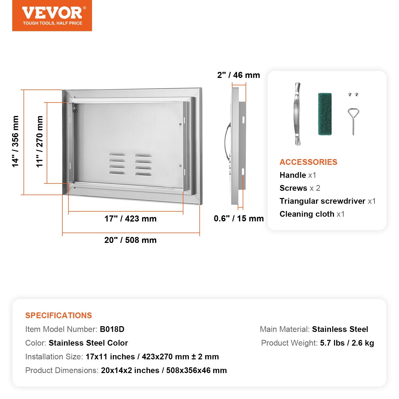 VEVOR BBQ Access Door, 20W x 14H Inch Single Outdoor Kitchen Door, Stainless Steel Flush Mount Door, Wall Vertical Door with Handle and vents, for BBQ Island, Grilling Station, Outside Cabinet 
