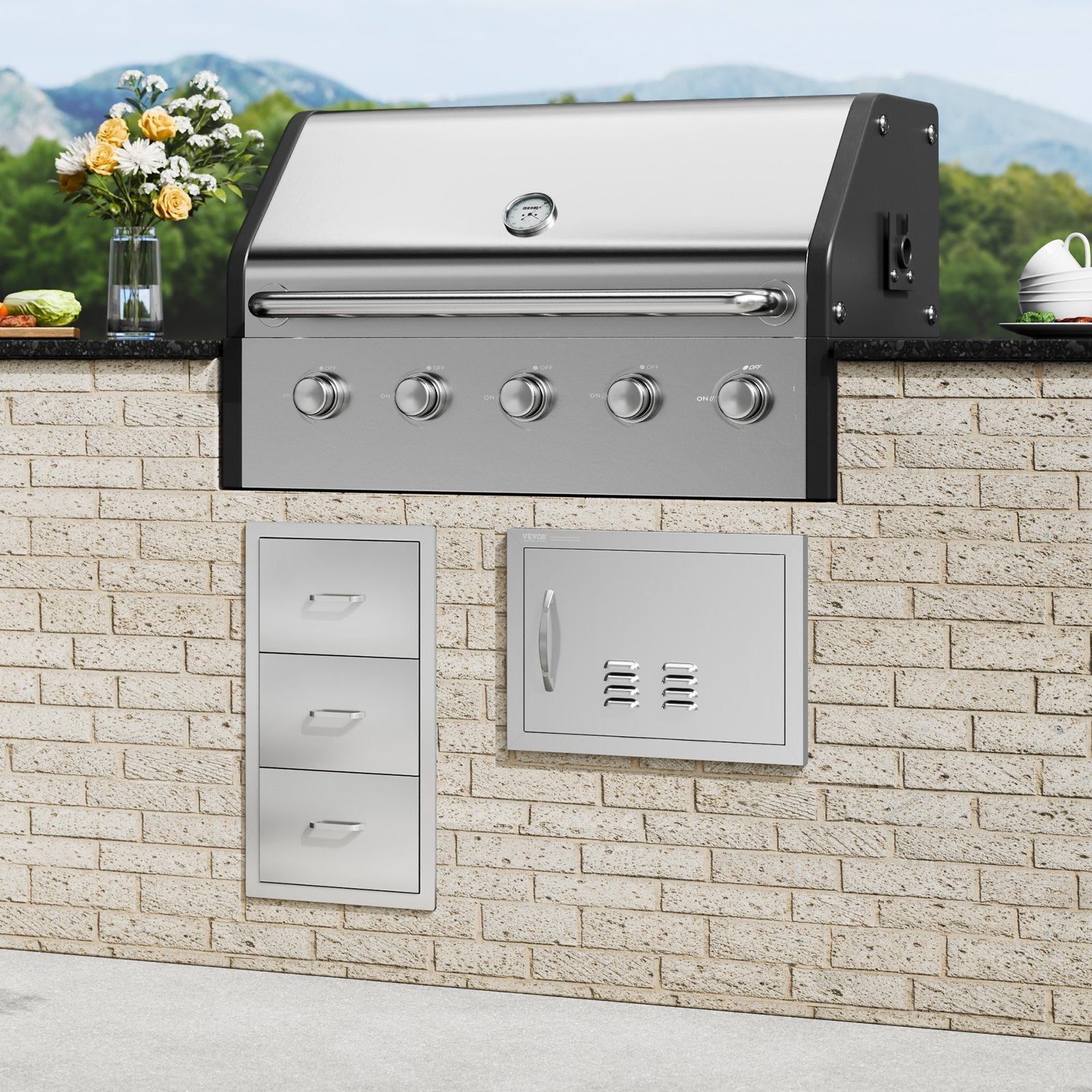 VEVOR BBQ Access Door, 20W x 14H Inch Single Outdoor Kitchen Door, Stainless Steel Flush Mount Door, Wall Vertical Door with Handle and vents, for BBQ Island, Grilling Station, Outside Cabinet 