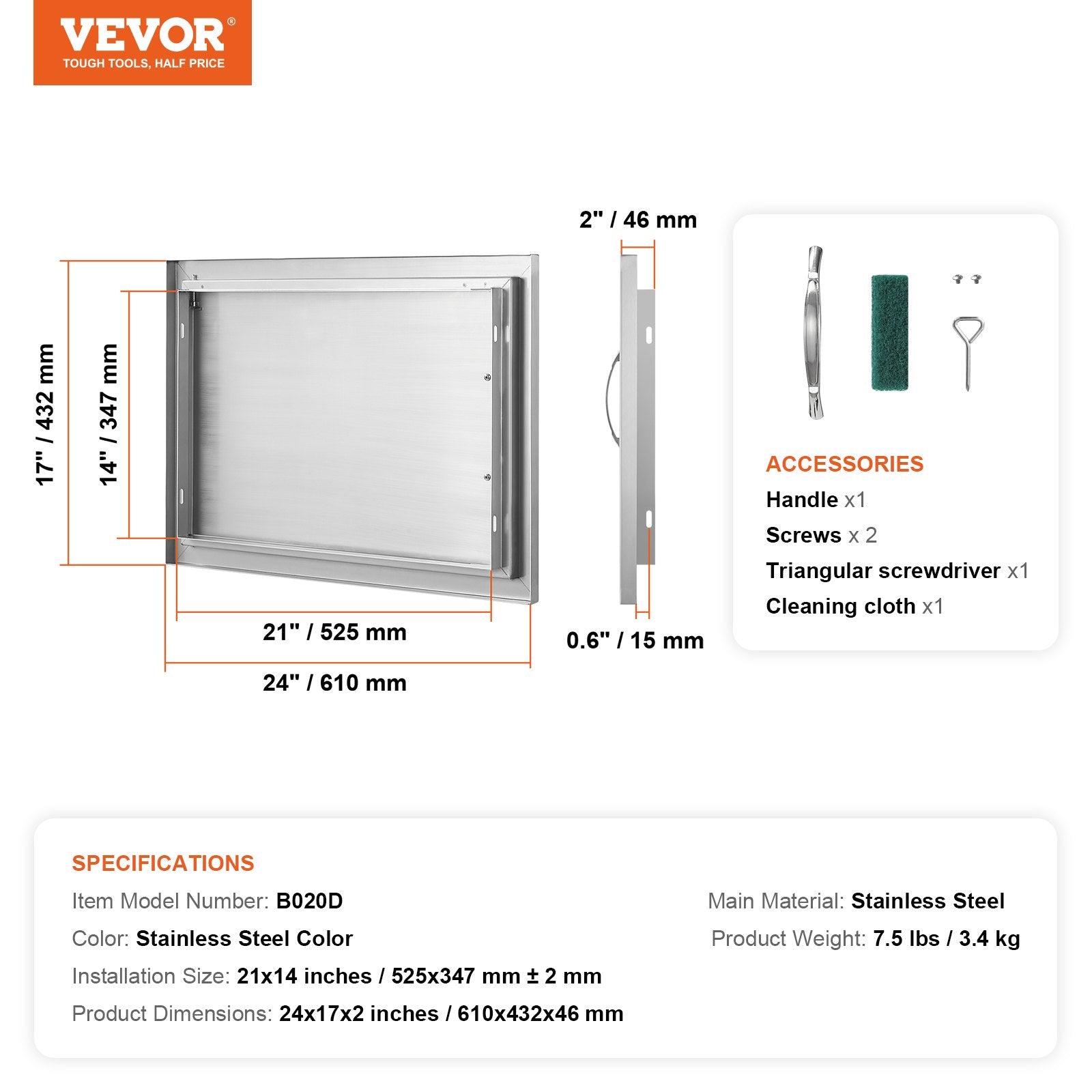 VEVOR BBQ Access Door, 24W x 17H Inch Single Outdoor Kitchen Door, Stainless Steel Flush Mount Door, Wall Vertical Door with Handle, for BBQ Island, Grilling Station, Outside Cabinet 