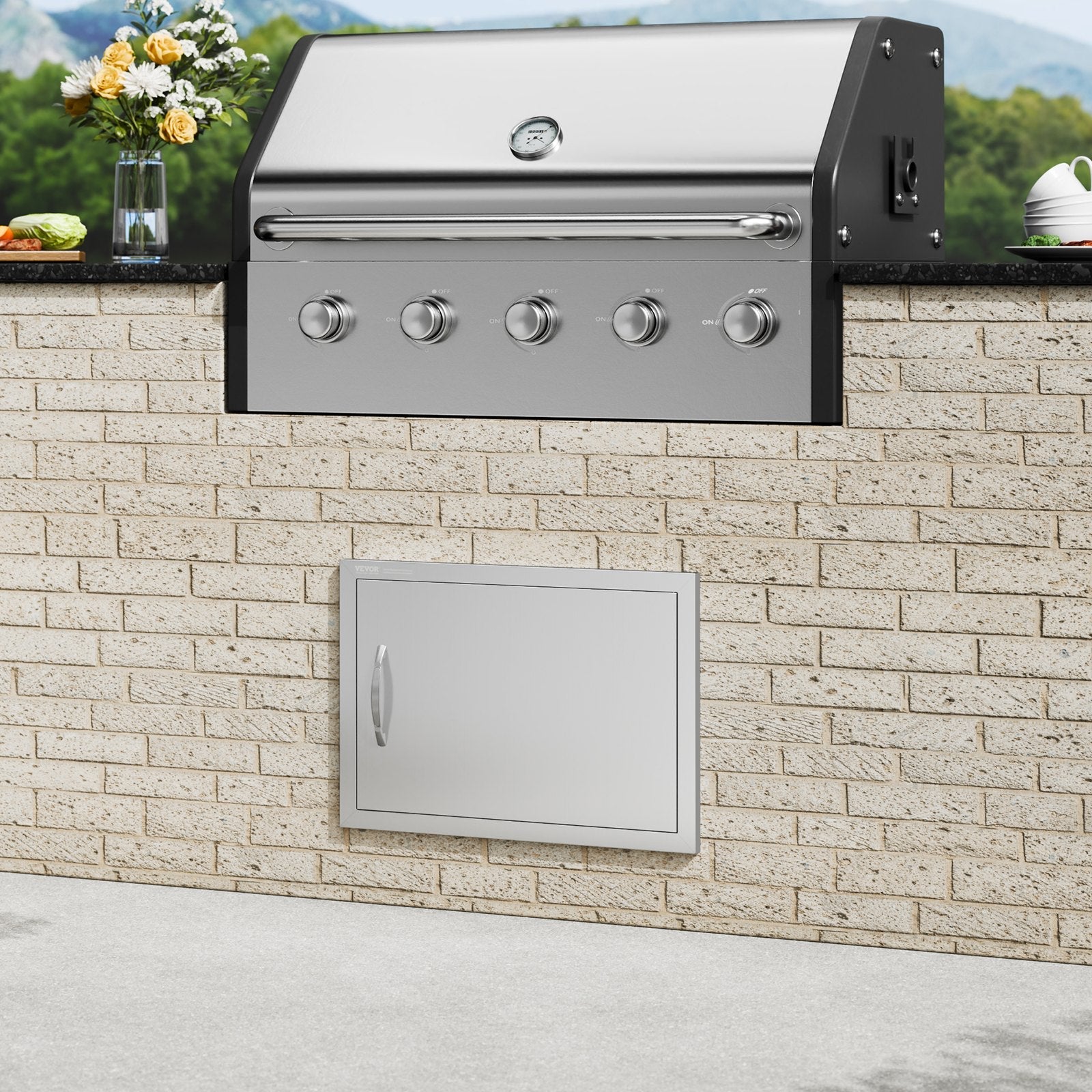 VEVOR BBQ Access Door, 24W x 17H Inch Single Outdoor Kitchen Door, Stainless Steel Flush Mount Door, Wall Vertical Door with Handle, for BBQ Island, Grilling Station, Outside Cabinet 
