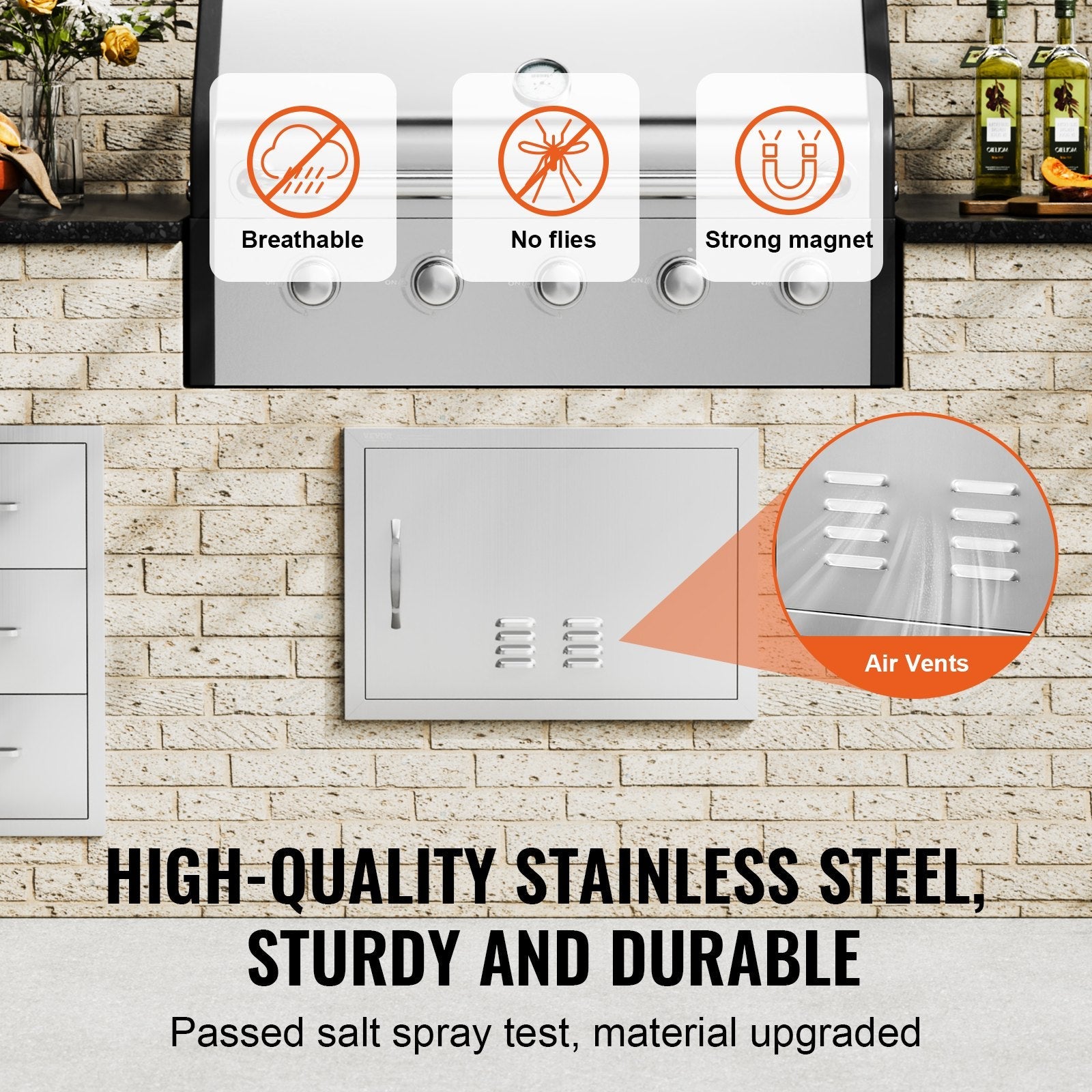 VEVOR BBQ Access Door, 24W x 17H Inch Single Outdoor Kitchen Door, Stainless Steel Flush Mount Door, Wall Vertical Door with Handle and vents, for BBQ Island, Grilling Station, Outside Cabinet 