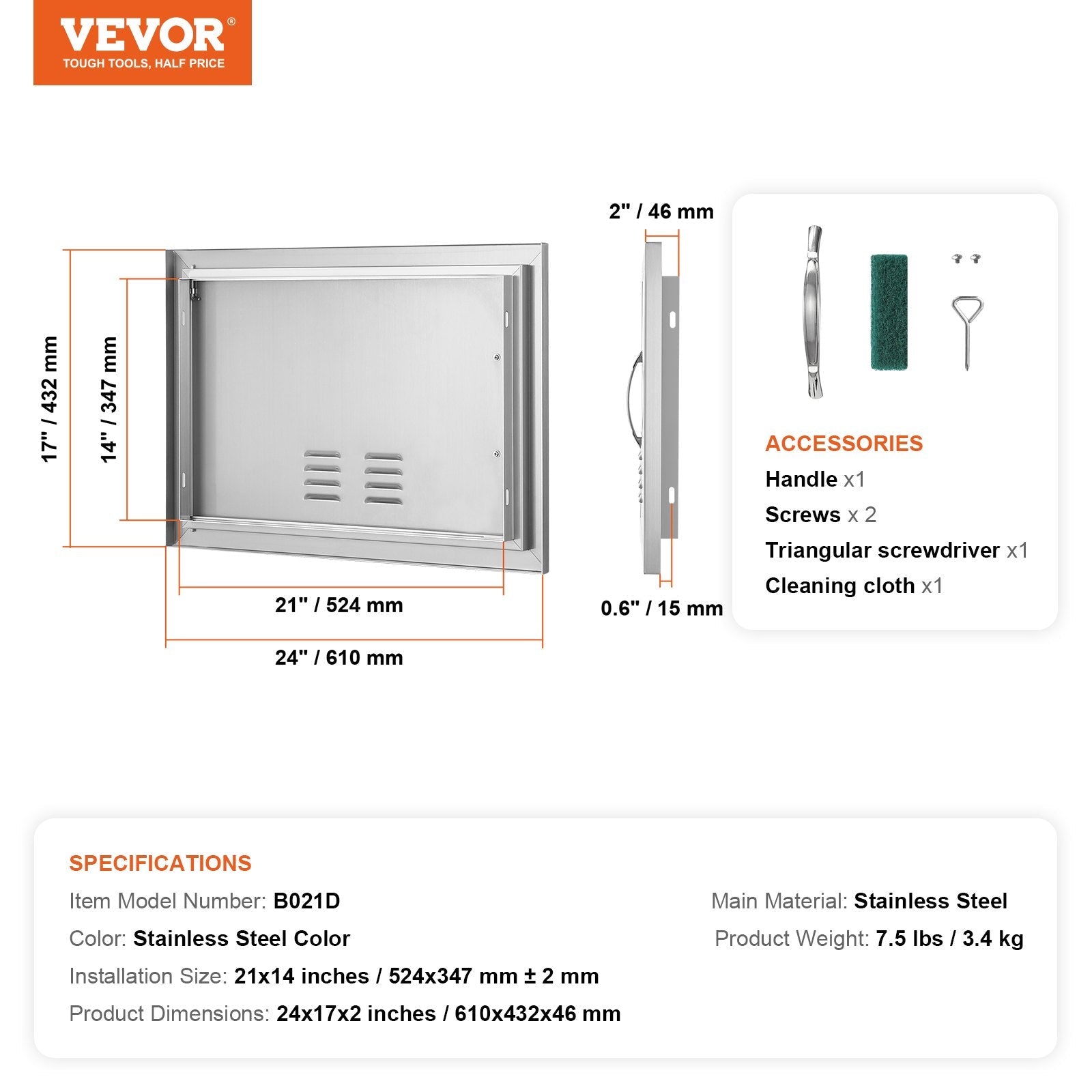 VEVOR BBQ Access Door, 24W x 17H Inch Single Outdoor Kitchen Door, Stainless Steel Flush Mount Door, Wall Vertical Door with Handle and vents, for BBQ Island, Grilling Station, Outside Cabinet 