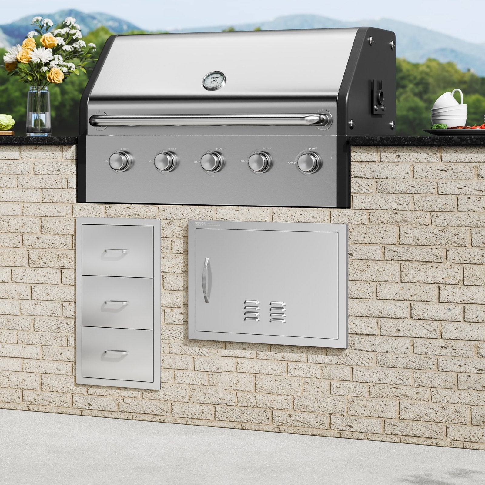 VEVOR BBQ Access Door, 24W x 17H Inch Single Outdoor Kitchen Door, Stainless Steel Flush Mount Door, Wall Vertical Door with Handle and vents, for BBQ Island, Grilling Station, Outside Cabinet 