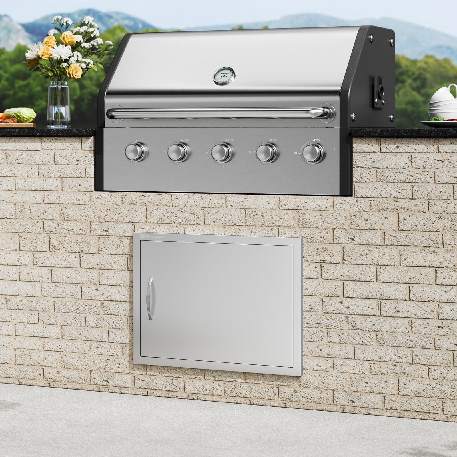VEVOR BBQ Access Door, 27W x 20H Inch Single Outdoor Kitchen Door, Stainless Steel Flush Mount Door, Wall Vertical Door with Handle, for BBQ Island, Grilling Station, Outside Cabinet 