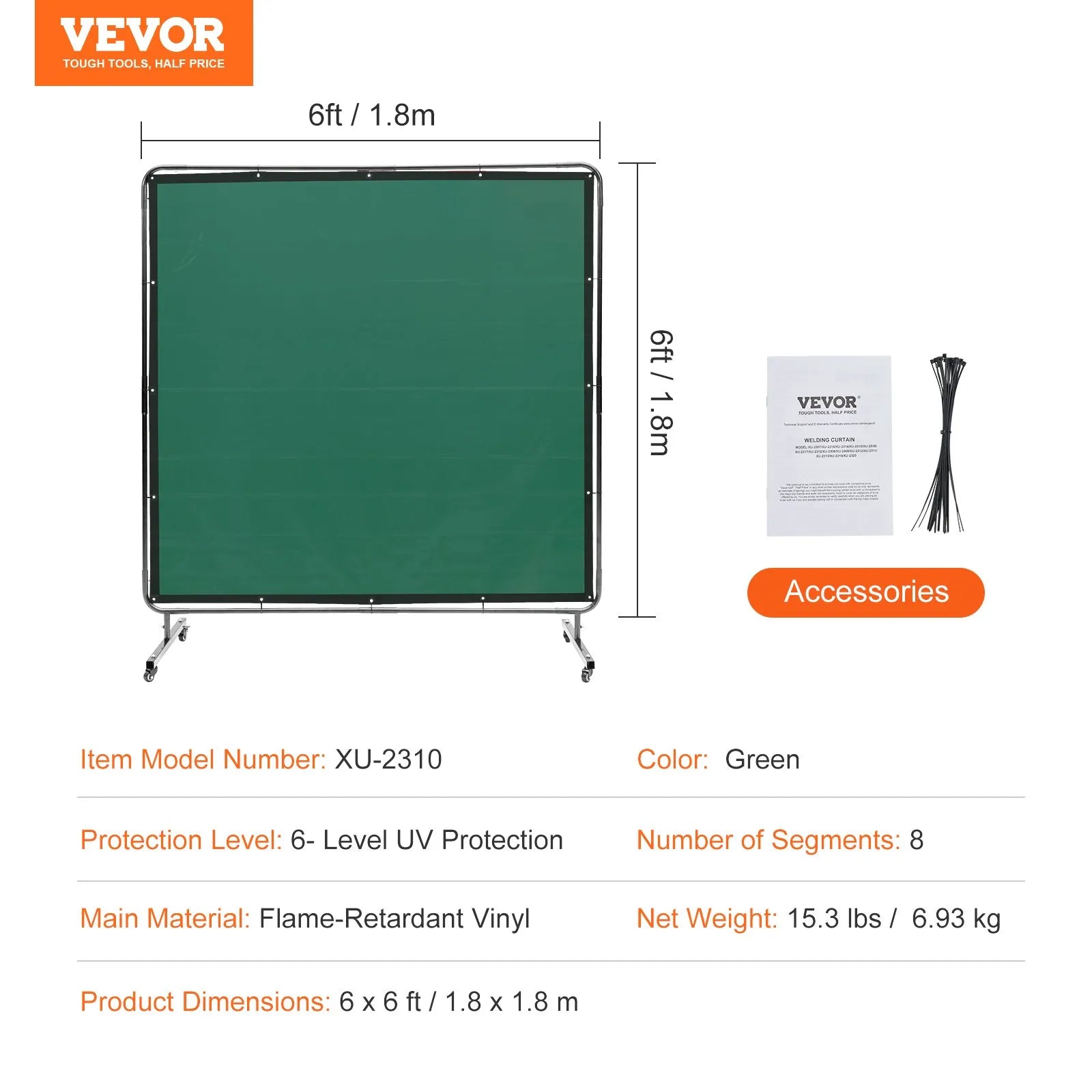 VEVOR Welding Screen with Frame, 6' x 6' Welding Curtain Screen, Flame-Resistant Vinyl Welding Protection Screen on 4 Swivel Wheels (2 Lockable), Moveable & Professional for Workshop/Industrial, Green