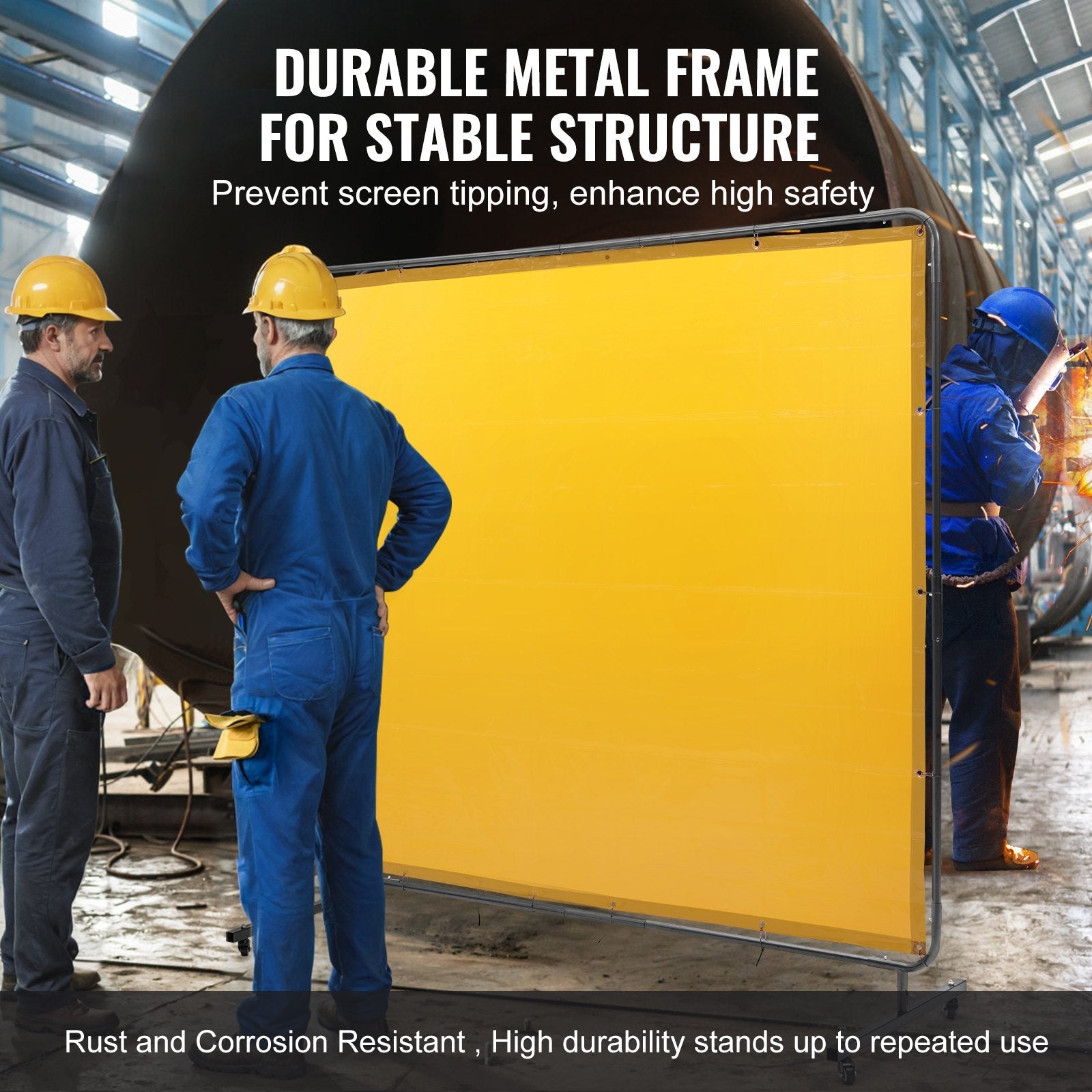 VEVOR Welding Screen with Frame, 6' x 8' Welding Curtain Screen, Flame-Resistant Vinyl Welding Protection Screen on 4 Swivel Wheel (2 Lockable), Moveable & Professional for Workshop/Industrial, Yellow 