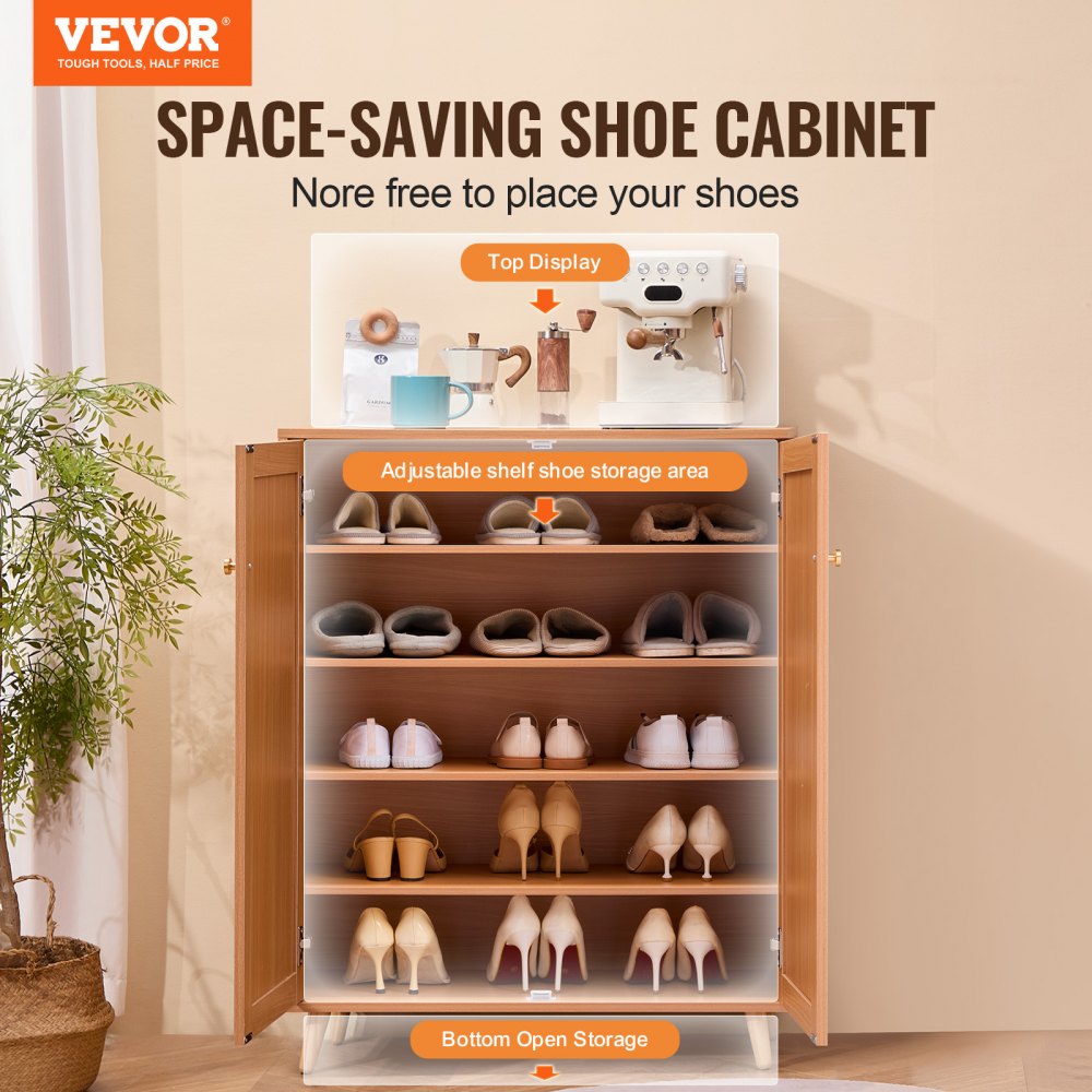 VEVOR Rattan Shoe Cabinet 5 Tiers Shoe Organizer 2 Doors & Adjustable Shelves 