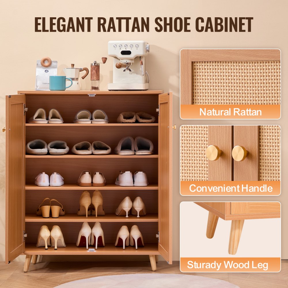 VEVOR Rattan Shoe Cabinet 5 Tiers Shoe Organizer 2 Doors & Adjustable Shelves 