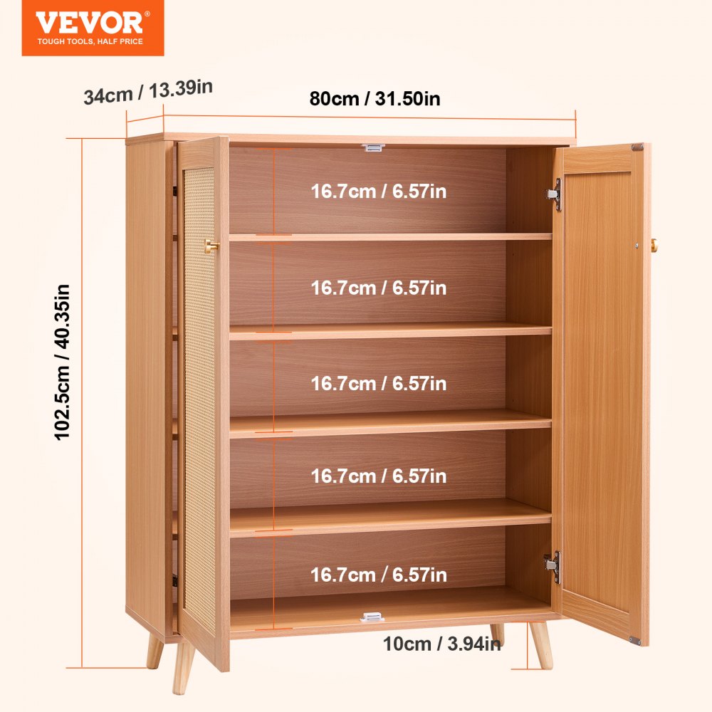 VEVOR Rattan Shoe Cabinet 5 Tiers Shoe Organizer 2 Doors & Adjustable Shelves 