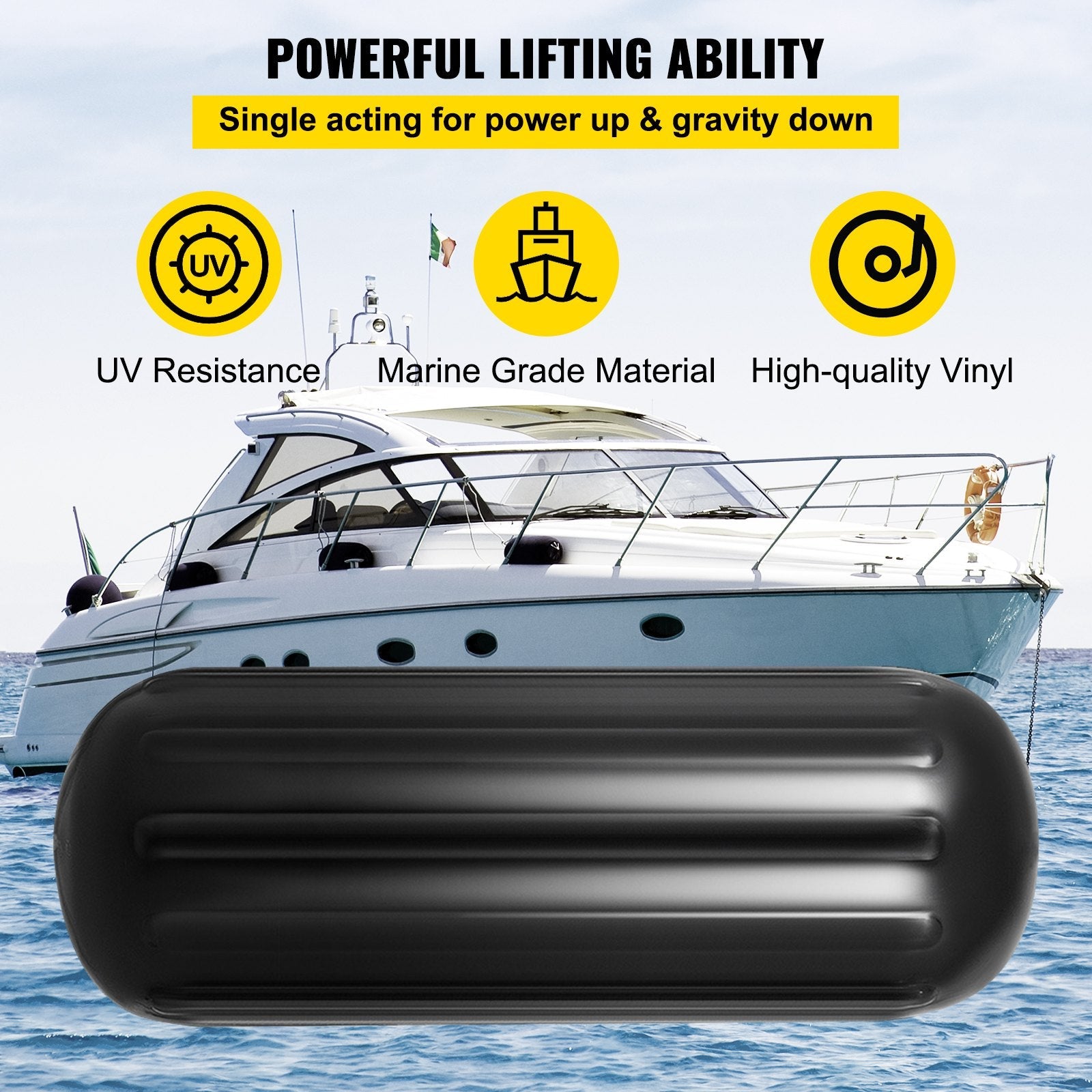 VEVOR Boat Fenders, 10" x 28" Ribbed Fender, 4 Pack Boat Bumpers, Hole Through Middle Ribbed Inflatable Boat Fender with 4 Ropes, for Pontoon Boat Sailboat, Ski Boat, Black 