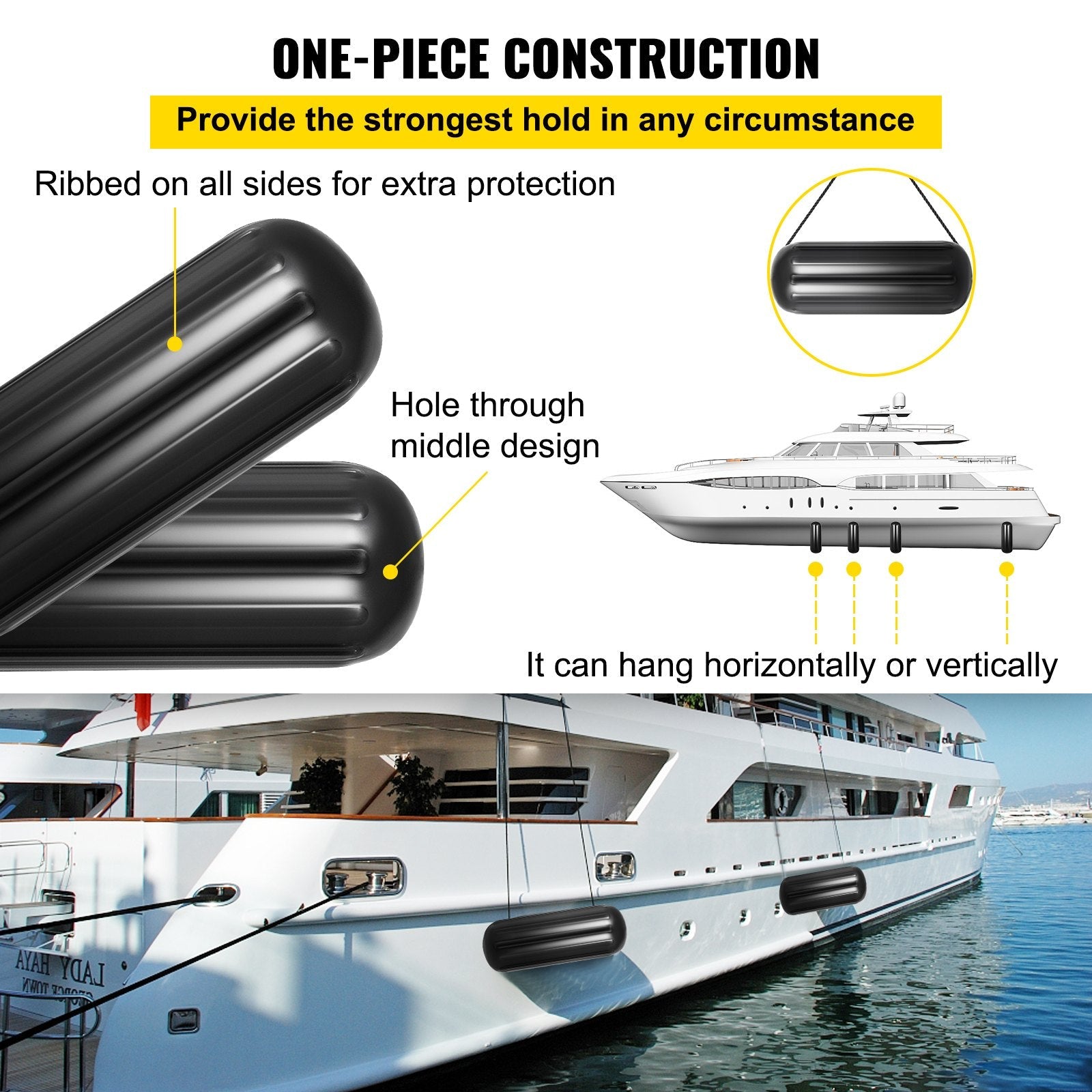 VEVOR Boat Fenders, 10" x 28" Ribbed Fender, 4 Pack Boat Bumpers, Hole Through Middle Ribbed Inflatable Boat Fender with 4 Ropes, for Pontoon Boat Sailboat, Ski Boat, Black 