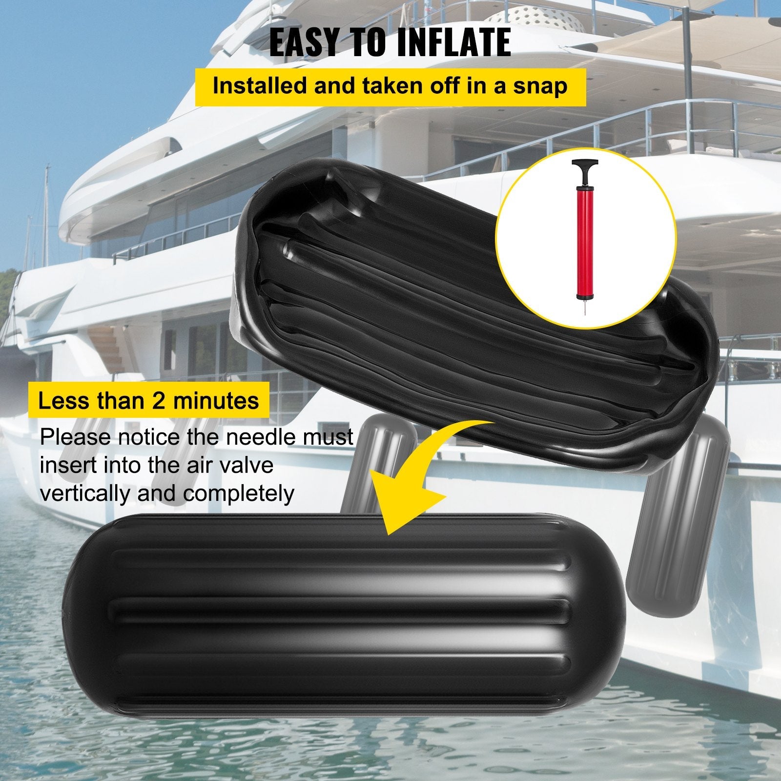 VEVOR Boat Fenders, 10" x 28" Ribbed Fender, 4 Pack Boat Bumpers, Hole Through Middle Ribbed Inflatable Boat Fender with 4 Ropes, for Pontoon Boat Sailboat, Ski Boat, Black 