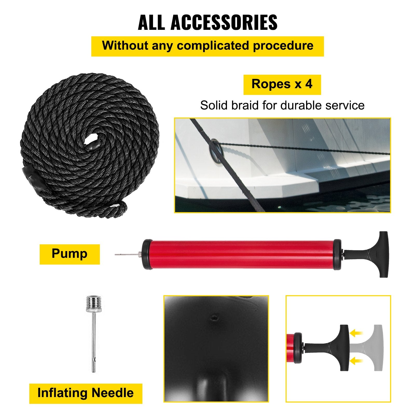 VEVOR Boat Fenders, 10" x 28" Ribbed Fender, 4 Pack Boat Bumpers, Hole Through Middle Ribbed Inflatable Boat Fender with 4 Ropes, for Pontoon Boat Sailboat, Ski Boat, Black 