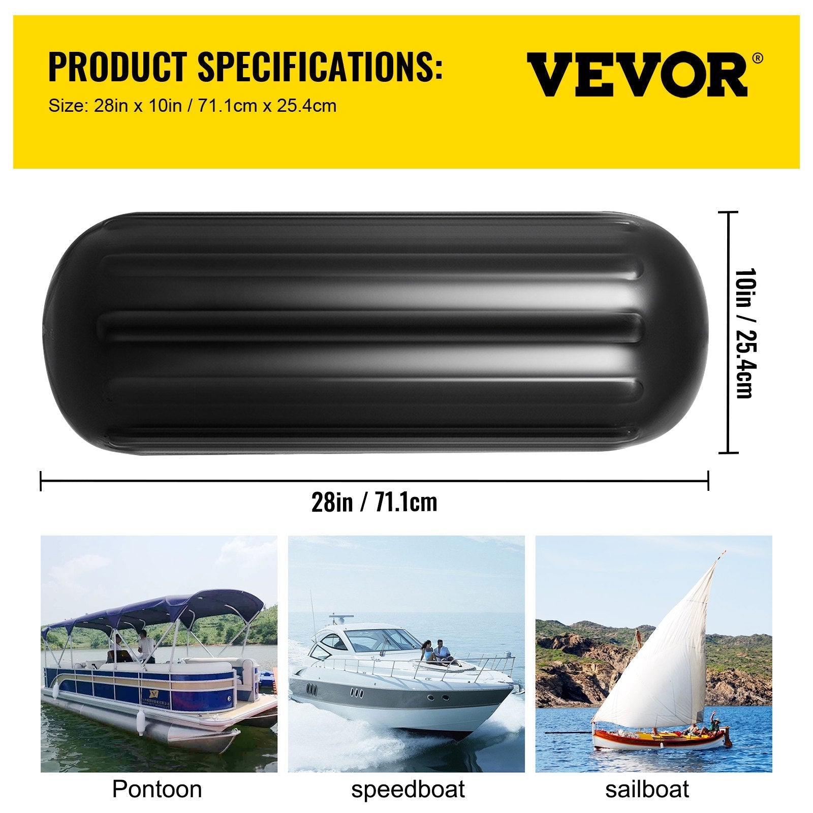 VEVOR Boat Fenders, 10" x 28" Ribbed Fender, 4 Pack Boat Bumpers, Hole Through Middle Ribbed Inflatable Boat Fender with 4 Ropes, for Pontoon Boat Sailboat, Ski Boat, Black 