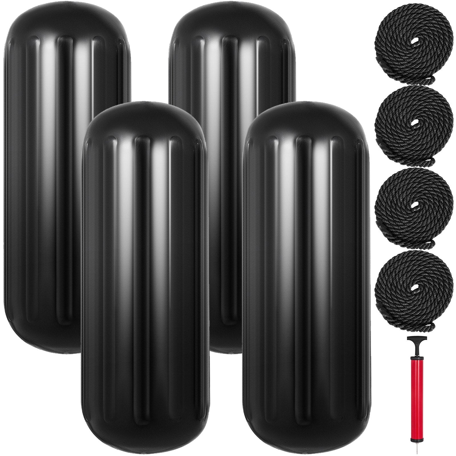 VEVOR Boat Fenders, 10" x 28" Ribbed Fender, 4 Pack Boat Bumpers, Hole Through Middle Ribbed Inflatable Boat Fender with 4 Ropes, for Pontoon Boat Sailboat, Ski Boat, Black 